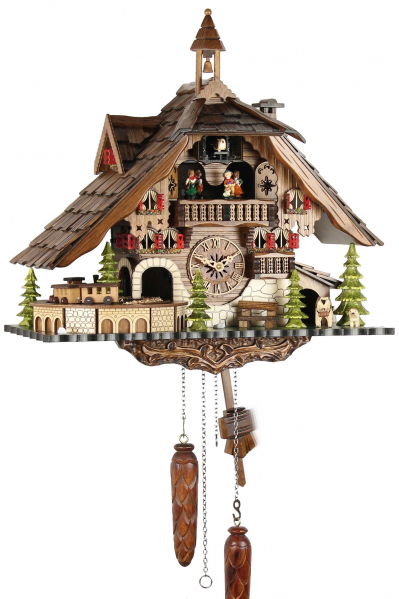 Engstler-Kuckucksuhr-Quarz-Musik-Eisenbahn-Schwarzwaldhaus-41cm-48110-QMT-HG