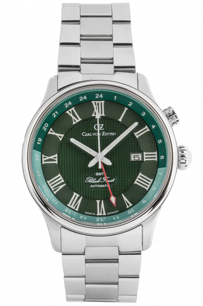 Carl-von-Zeyten-Rench-Herrenuhr-Silber-Gruen-Zweite-Zeitzone-Saphirglas-Metallband-Automatik-46mm-CVZ0087GRMS