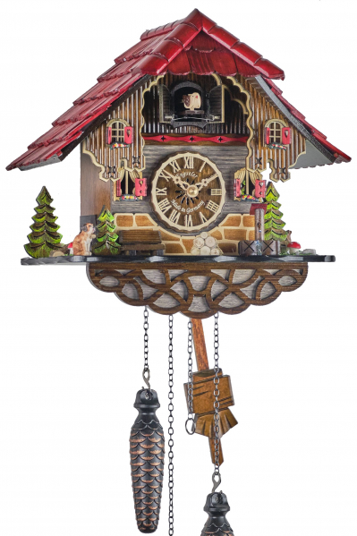 Engstler-Kuckucksuhr-Quarz-Laufwerk-Musik-Haus-mit-rotem-Dach-26cm-340-QM