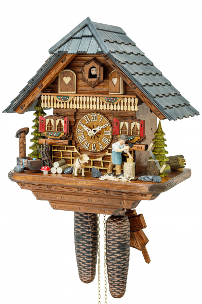 Hekas-Kuckucksuhr-8-Tage-Laufwerk-Schwarzwaldhaus-Holzhacker-33cm-867-EX