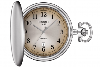TISSOT-Savonnette-Taschenuhr-Herrenuhr-Silber-Braun-Quarz-Datum-49mm-T862-410-19-292-00
