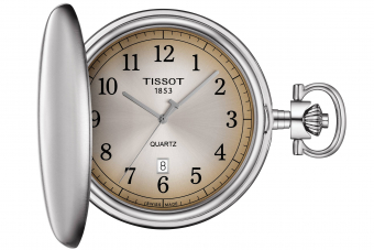 TISSOT-Savonnette-Taschenuhr-Herrenuhr-Silber-Braun-Quarz-Datum-49mm-T862-410-19-292-00