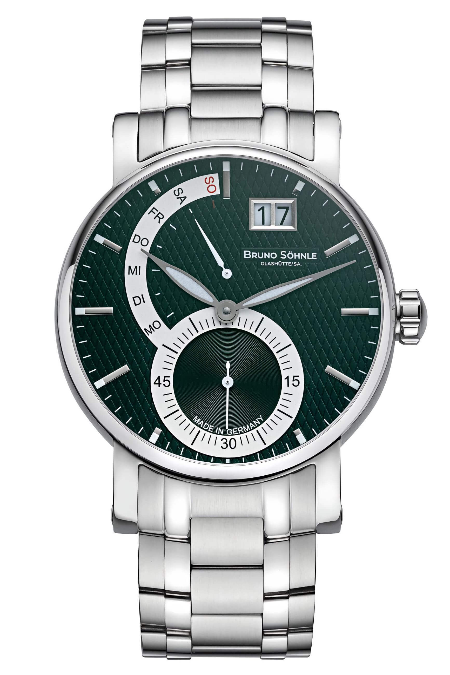Bruno Söhnle -Pesaro II Herrenuhr Silber Grün Datum Saphirglas Quarz 43mm- 17-13073-482