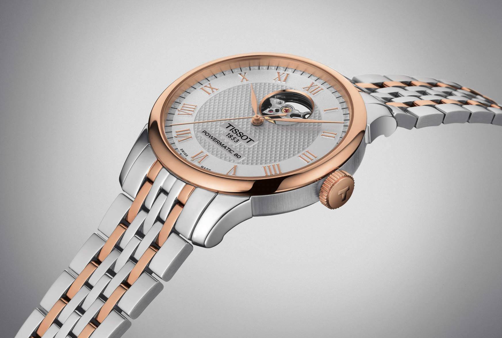 TISSOT -Le Locle Powermatic 80 Open Heart men's watch silver rose gold automatic 39mm- T006.407.22.033.02