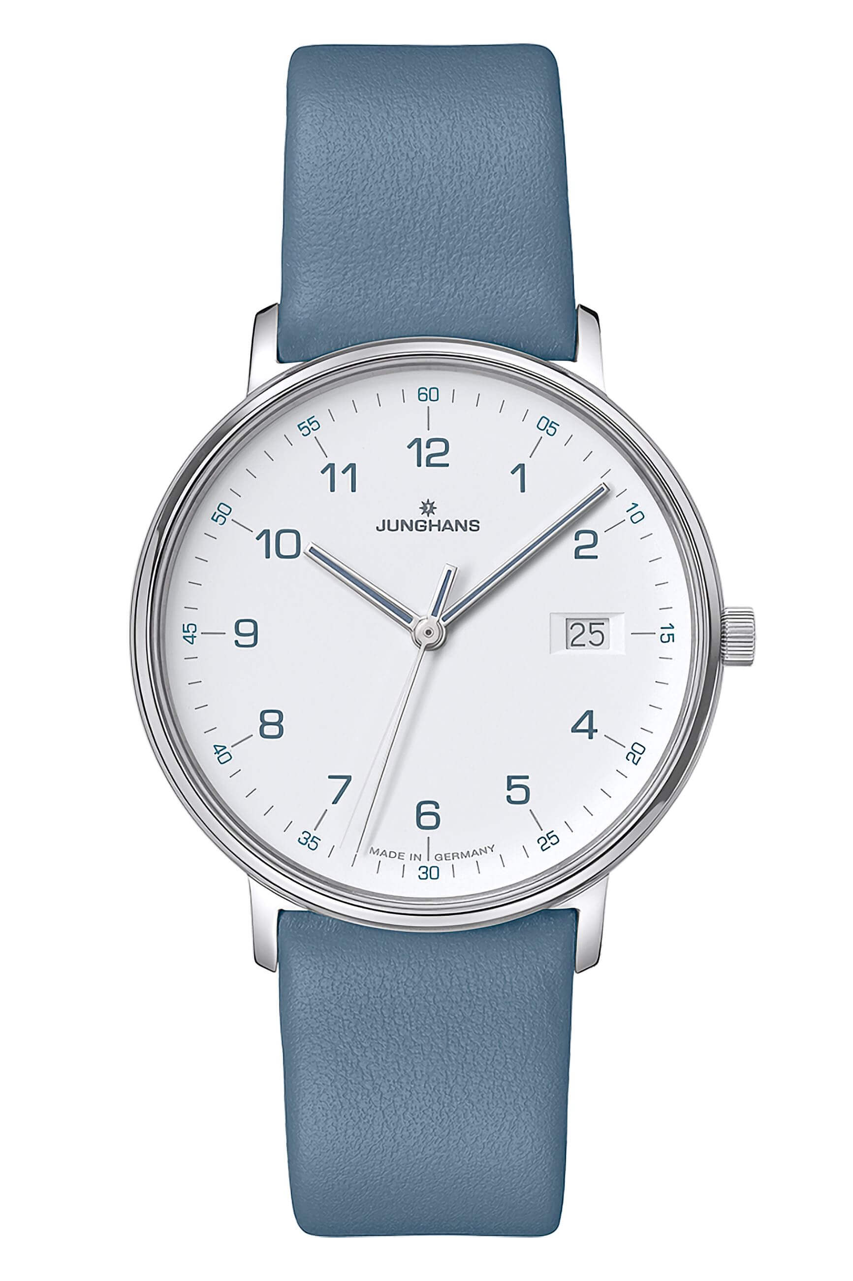 Junghans -FORM Damenuhr Blau Weiß Datum Saphirglas Quarz 34mm- 047/4456.00