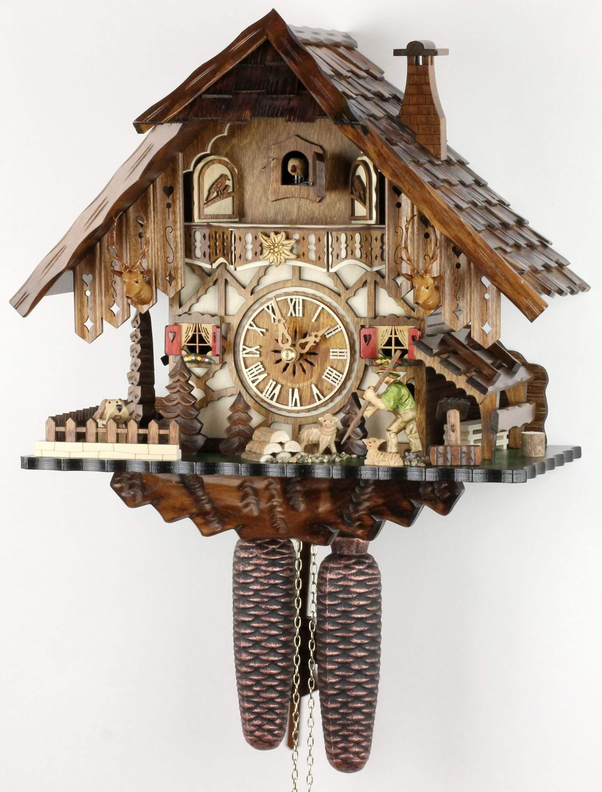 Engstler -Kuckucksuhr 8-Tage Schwarzwaldhaus Holzhacker 35cm- 48712/8