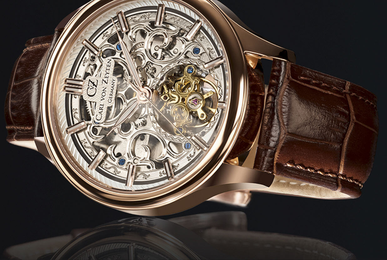 Carl von Zeyten -St.Georgen Herrenuhr Silber Braun Automatik Skelettzifferblatt 46mm- CVZ0014RSLS