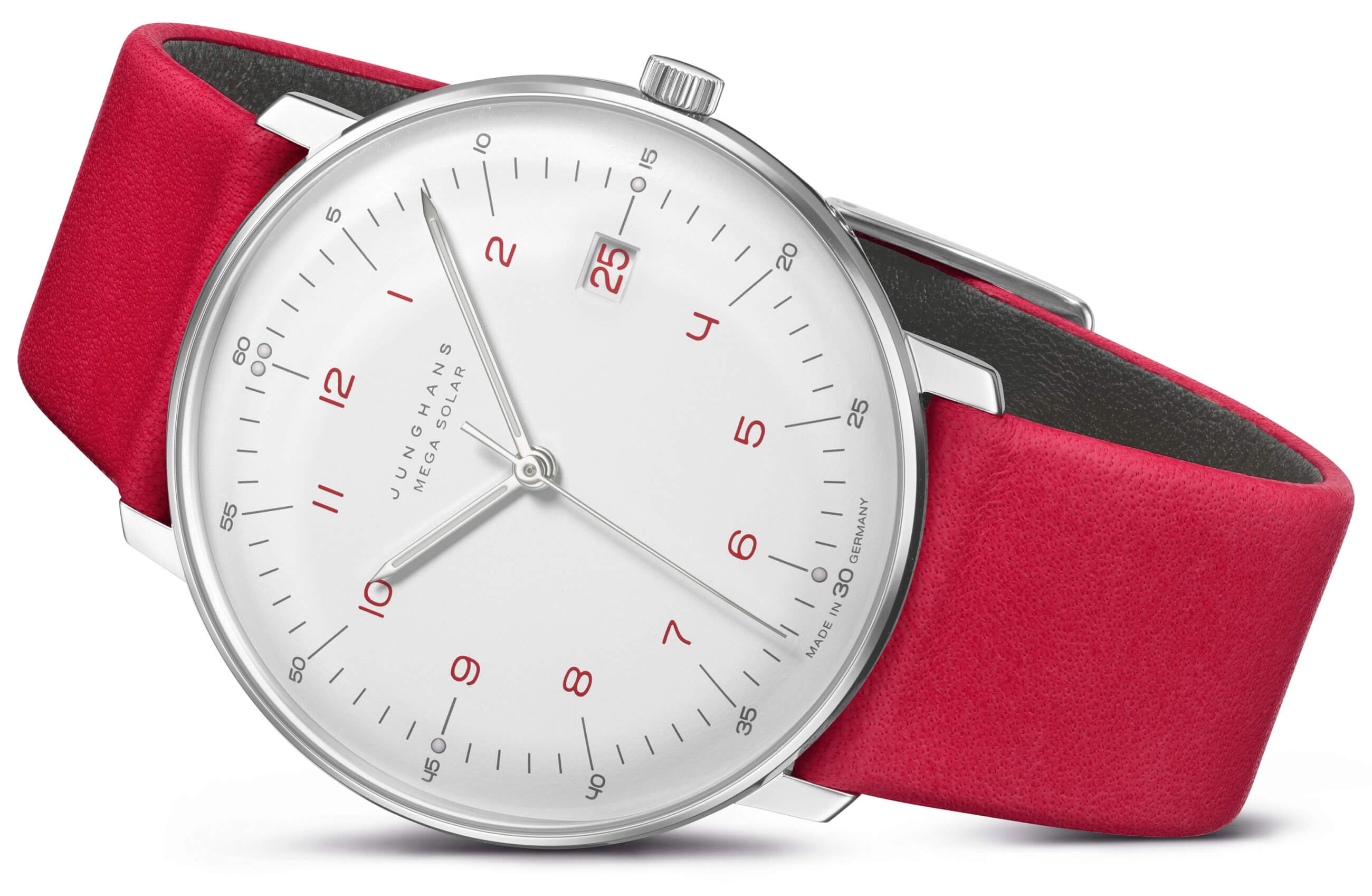 Junghans -max bill MEGA Solar Herrenuhr Rot Weiß Quarz Funk-Solarwerk Saphirglas 38mm- 059/4325.02
