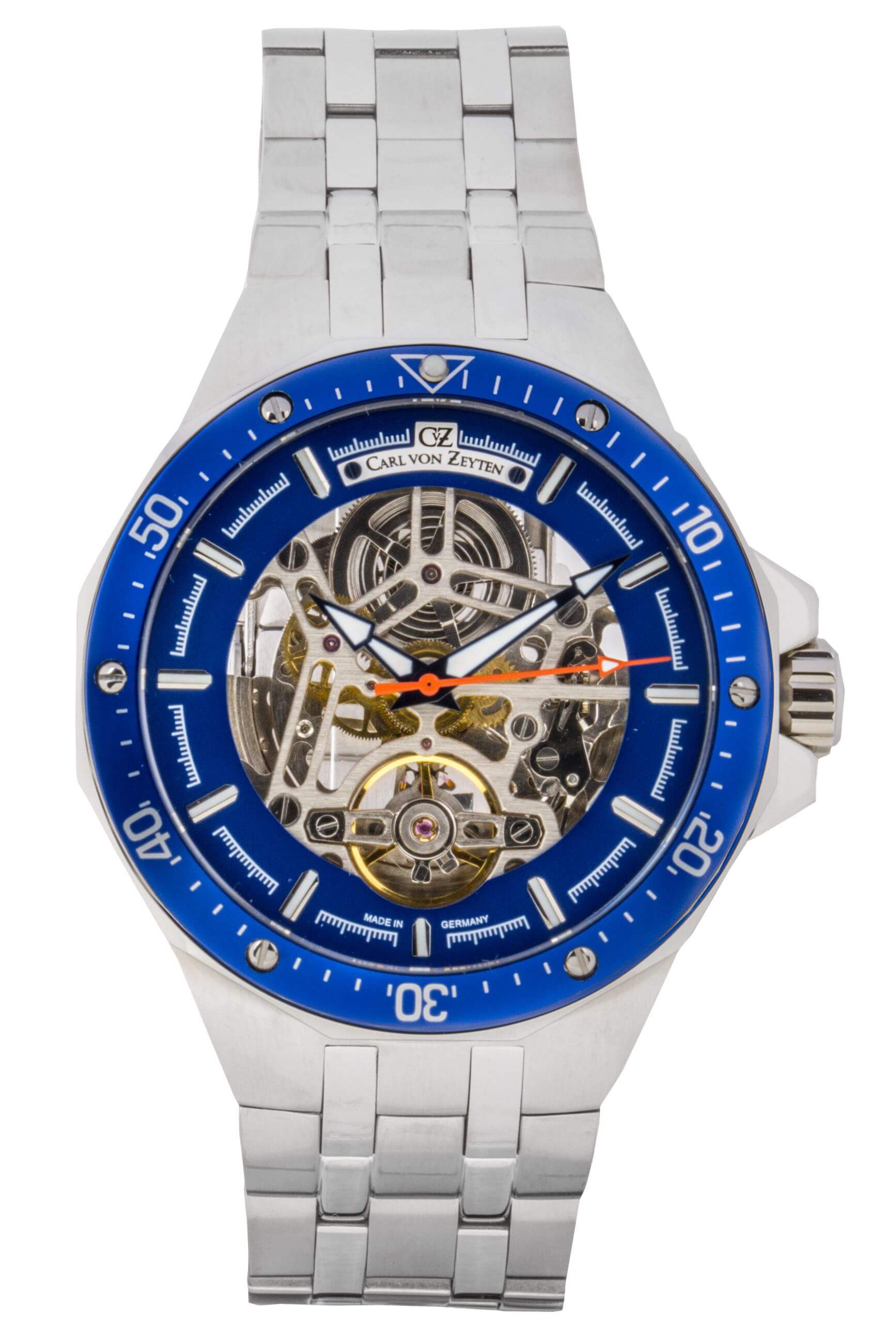 Carl von Zeyten -Urberg Men's Watch Silver Blue Skeleton Movement Sapphire Crystal Automatic 46mm- CVZ0094BLMS