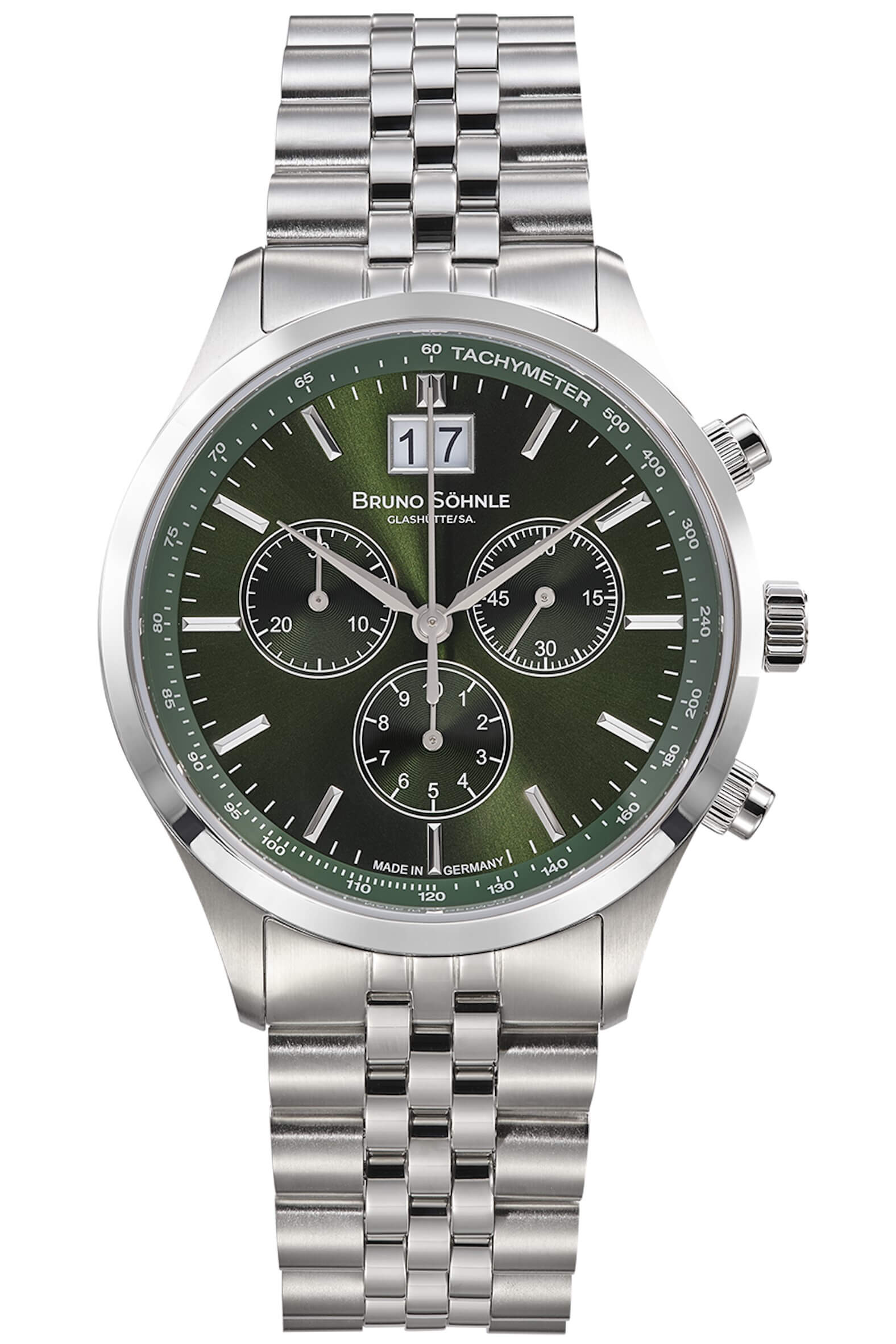 Bruno Söhnle -Turin Chronograph Men's Watch Silver Green Date Quartz Sapphire Crystal 40mm- 17-13229-442