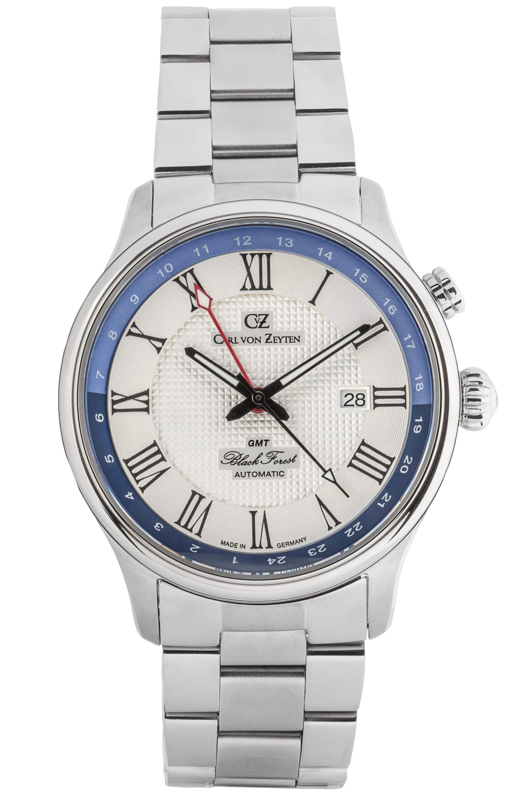 Carl von Zeyten -Rench Herrenuhr Silber Weiß Zweite Zeitzone Saphirglas Metallband Automatik 46mm- CVZ0087WHMS