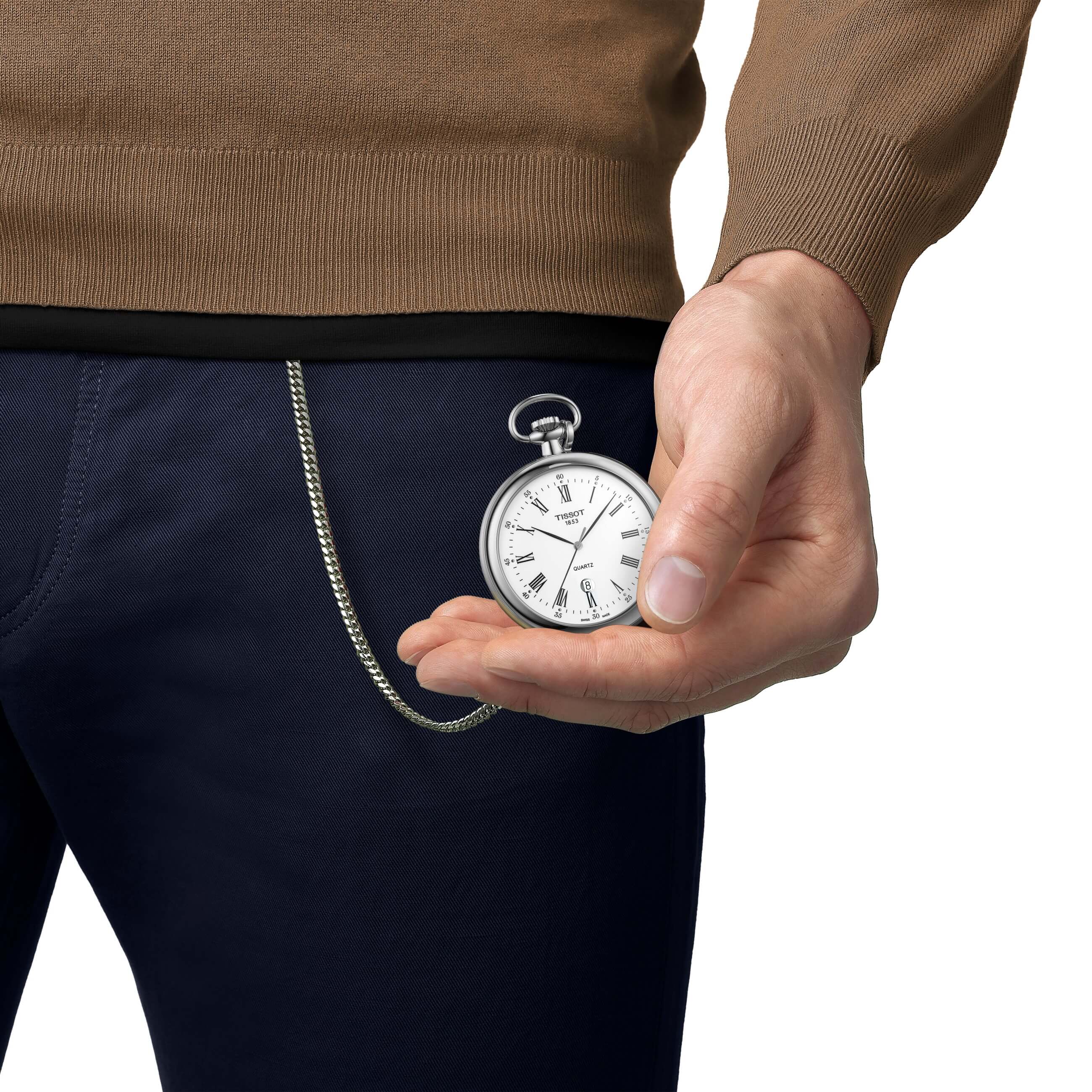 TISSOT -Lepine men's and ladies' watch silver white quartz date pocket watch 49mm- T82.6.550.13
