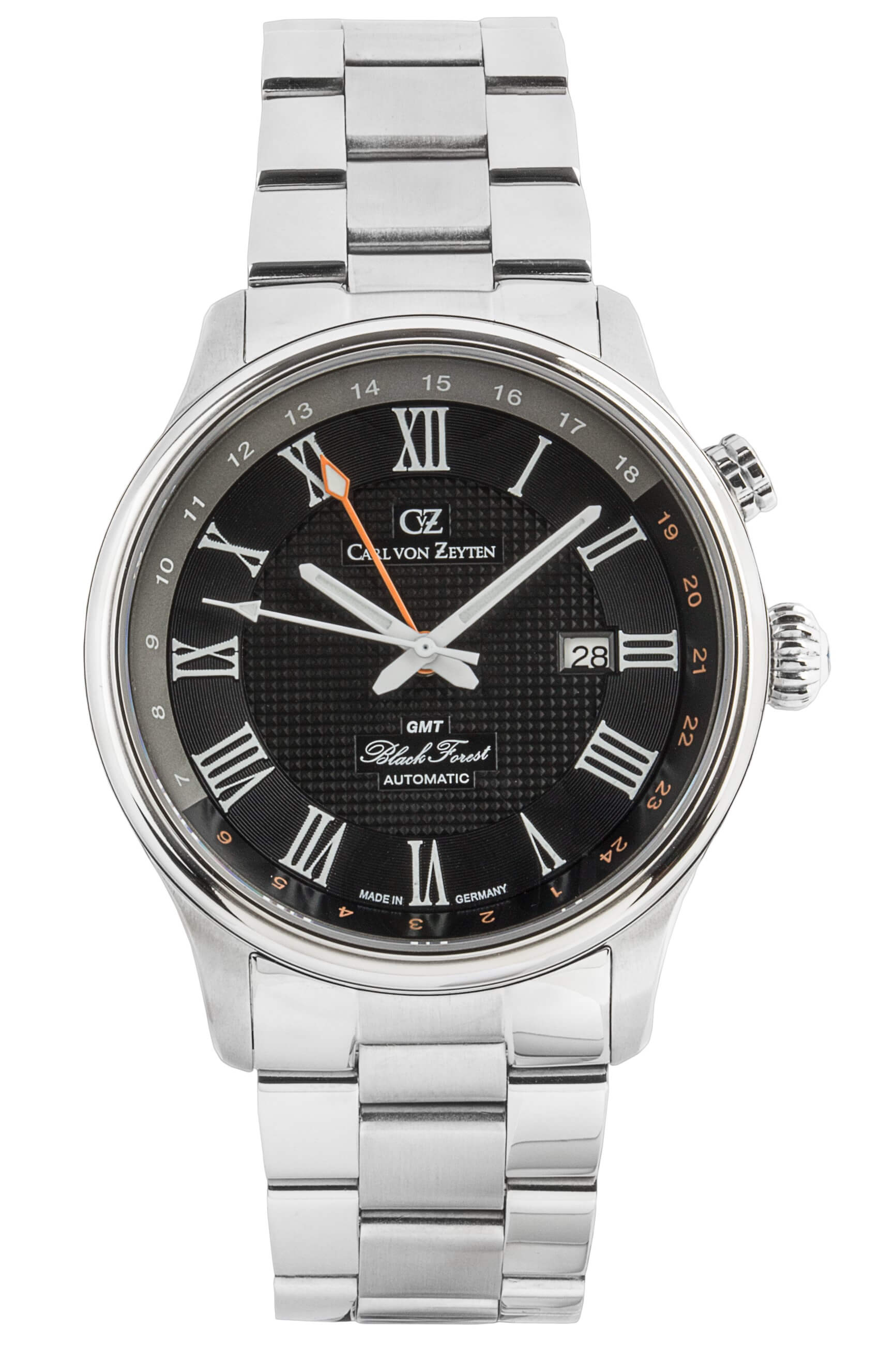Carl von Zeyten -Rench Herrenuhr Silber Schwarz Zweite Zeitzone Saphirglas Automatik 46mm- CVZ0087BKMS