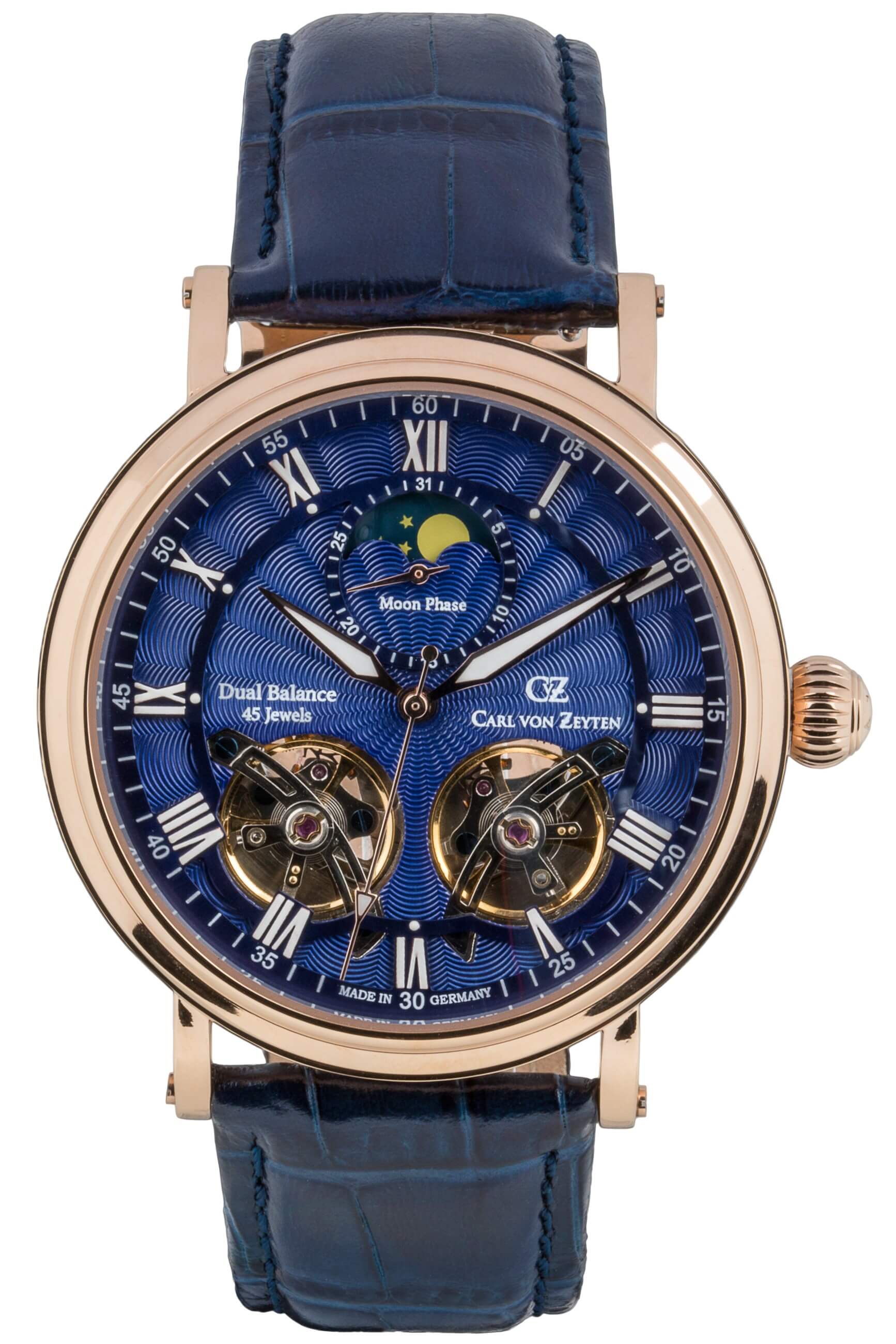 Carl von Zeyten -Murg men's watch blue rose gold moon phase sapphire crystal automatic 46mm- CVZ0054RBSR