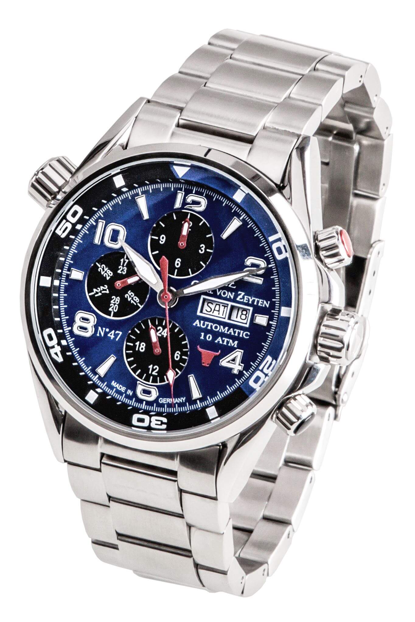 Carl von Zeyten -No.47 Men's Watch Silver Blue Sapphire Crystal Automatic 45mm- CVZ0047BLMS
