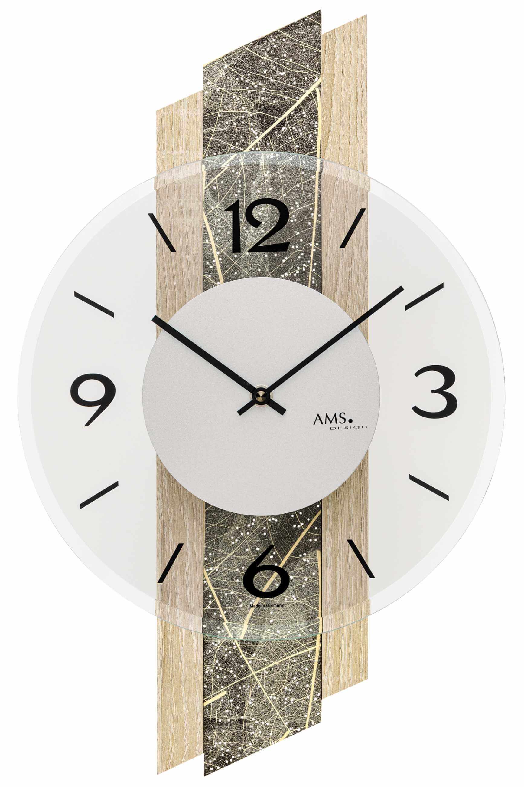 AMS -Wall clock Sonoma natural tree leaf inlay with Swarowski glass crystals quartz 44cm- 9664
