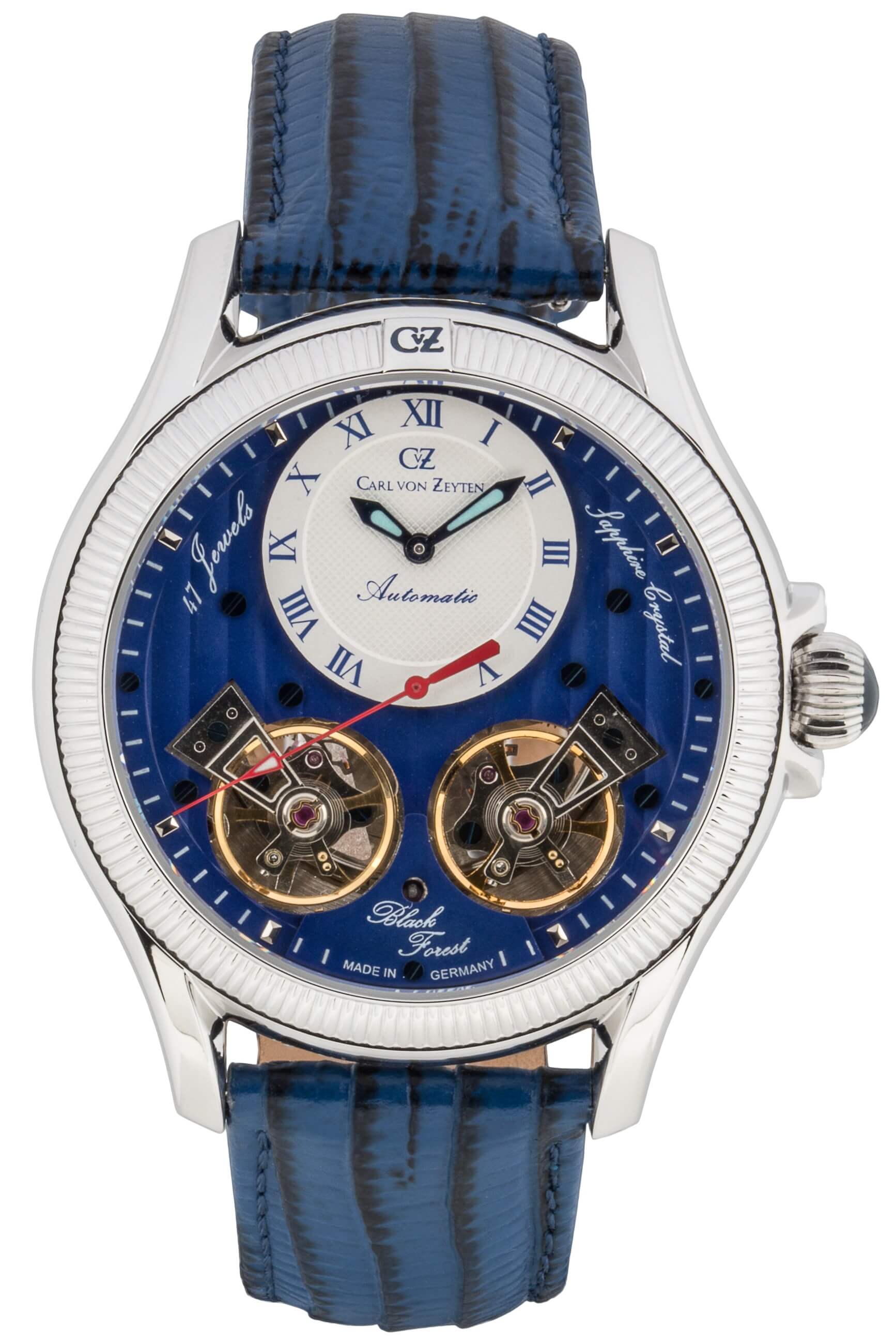 Carl von Zeyten -Waldhaus men's watch blue silver open balance sapphire crystal automatic 46mm- CVZ0084SBLS