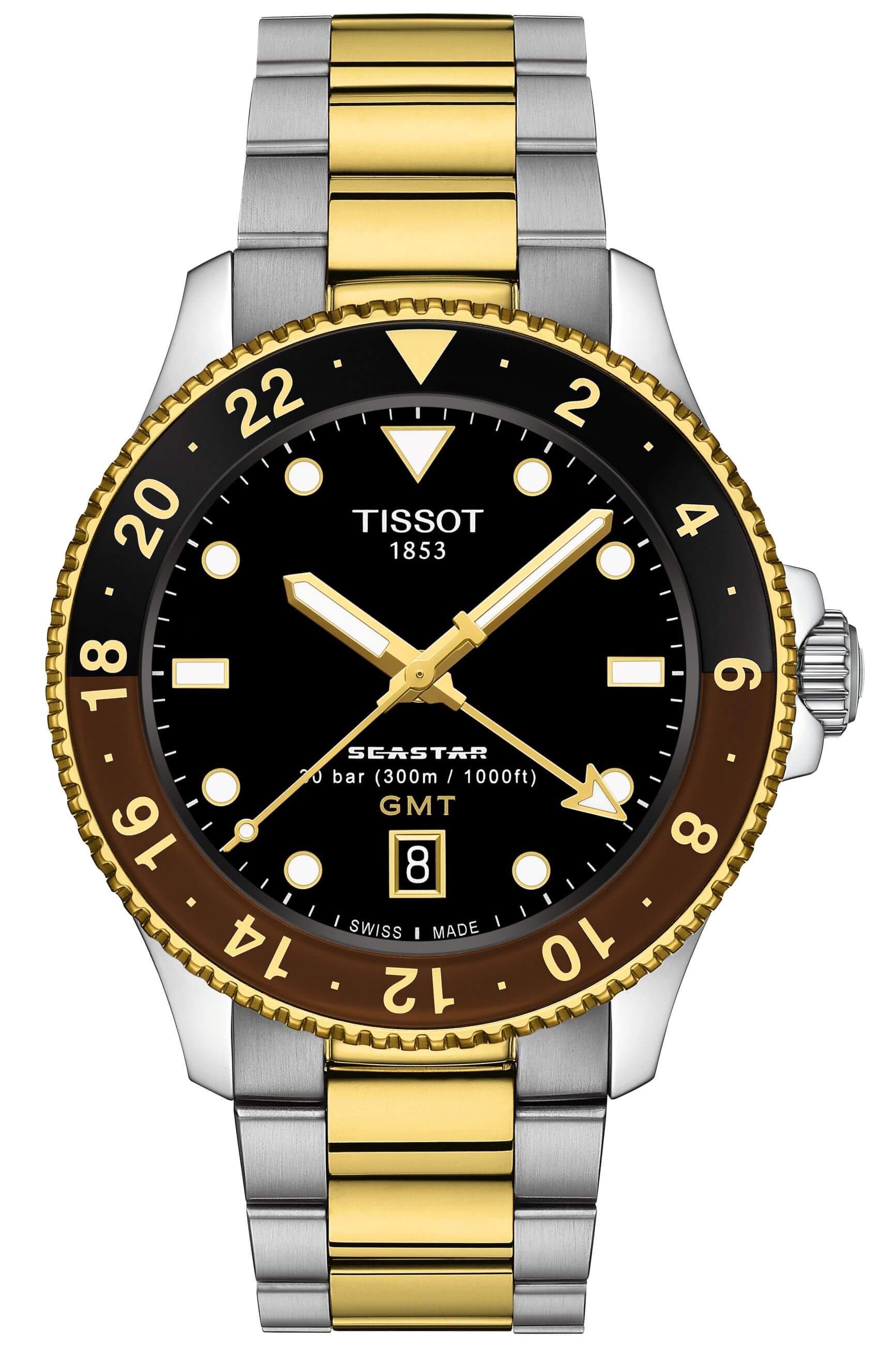 TISSOT -Seastar 1000 GMT Men's Watch Bicolour Black Quartz Sapphire Crystal 40mm- T120.852.22.051.00