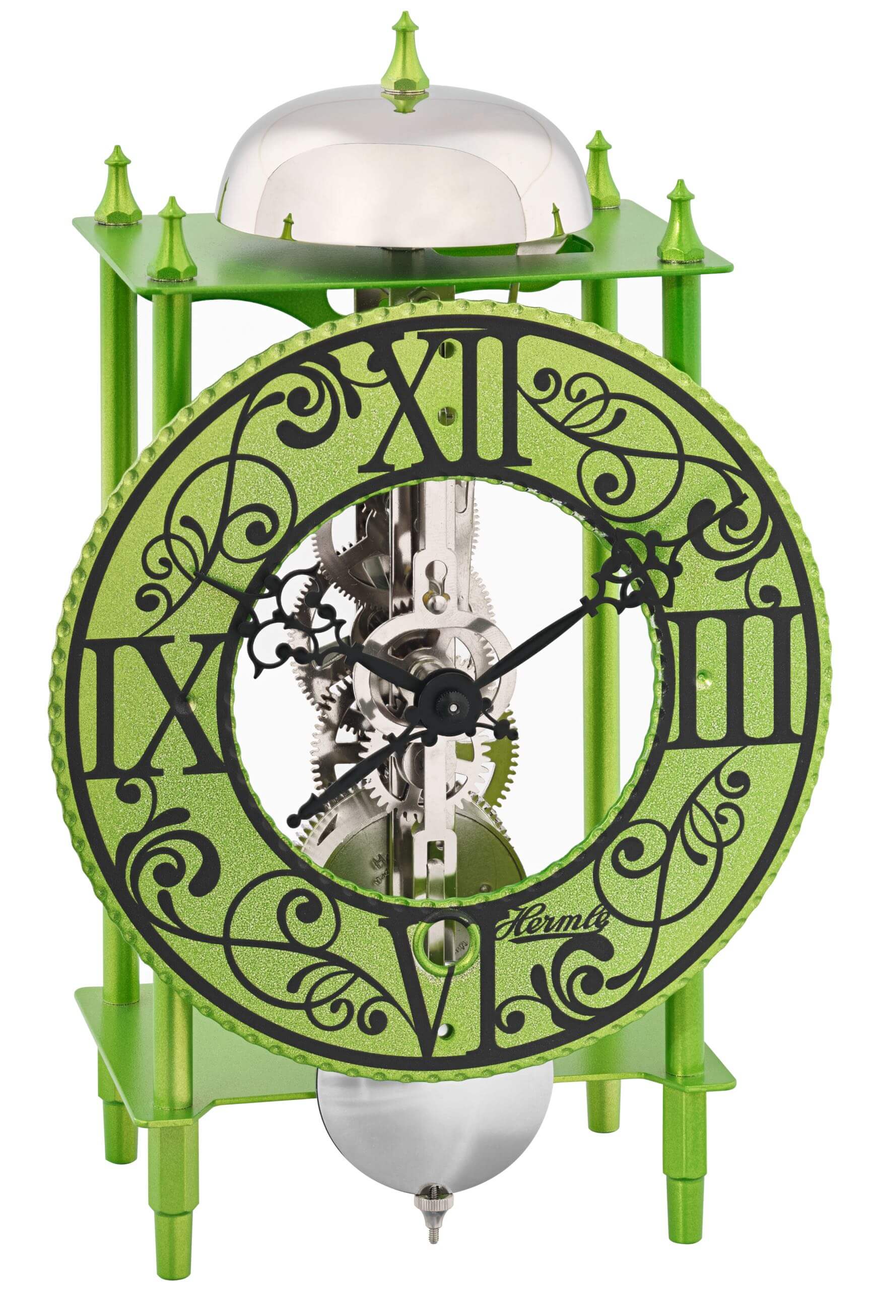 Hermle table clock green 8-day skeleton movement chime 24cm- 23061-W90711
