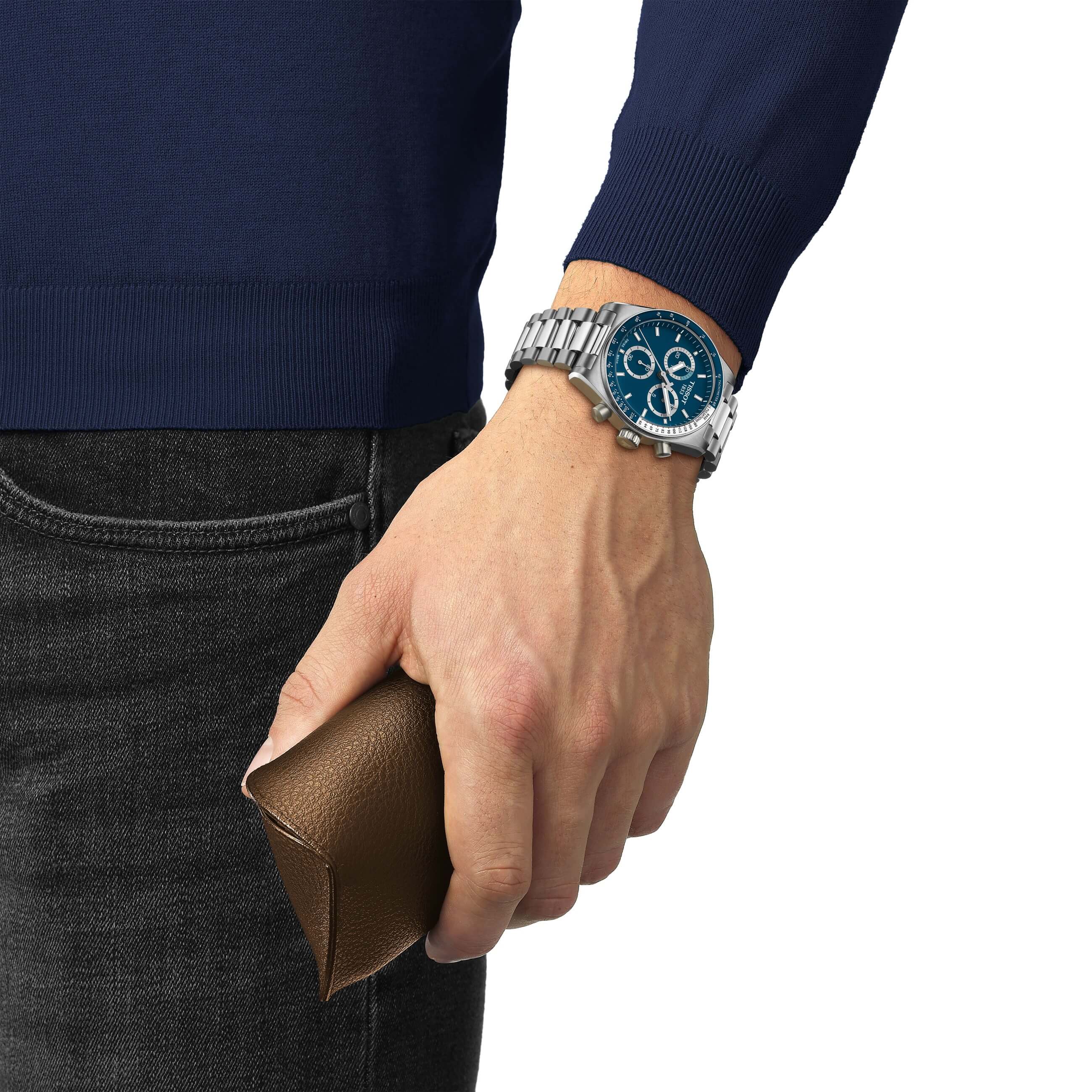 TISSOT -PR516 Chronograph Herrenuhr Silber Blau Quarz Saphirglas 40mm- T149.417.11.041.00