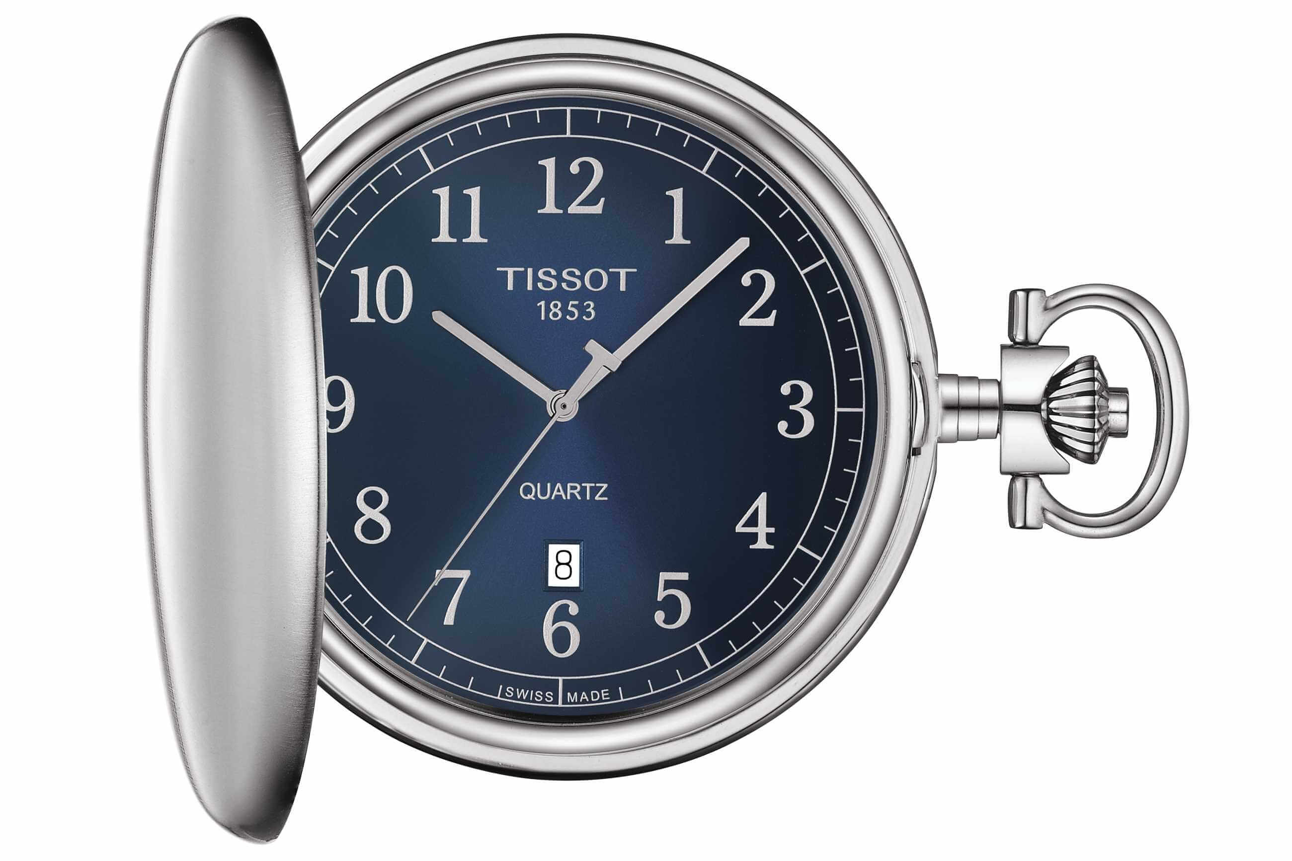 TISSOT -Savonnette Herrenuhr Silber Blau Quarz Taschenuhr 48,5mm- T862.410.19.042.00