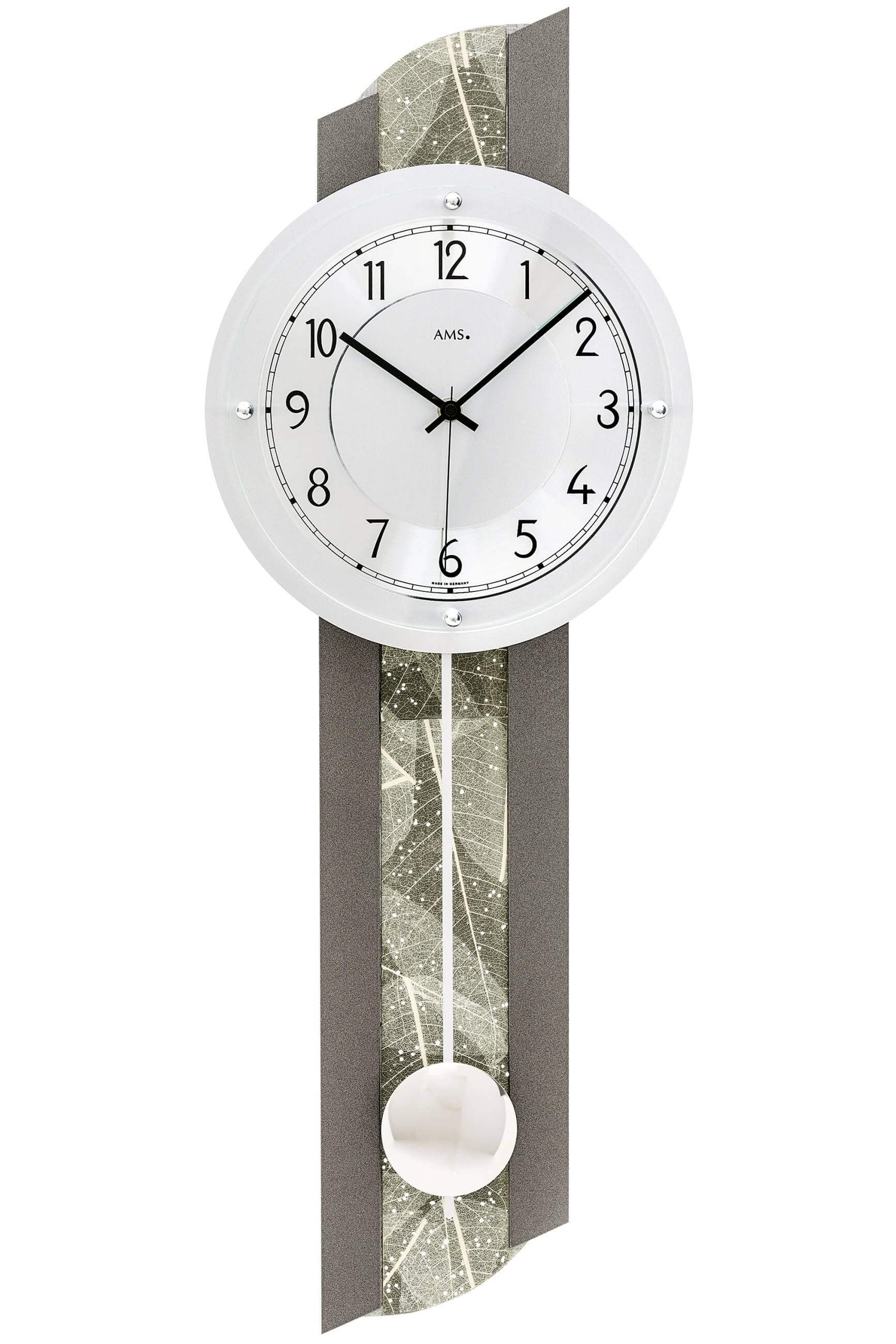AMS -Pendeluhr Anthrazit Natur-Baumblatteinlagen Funkuhrwerk 68cm- 5324