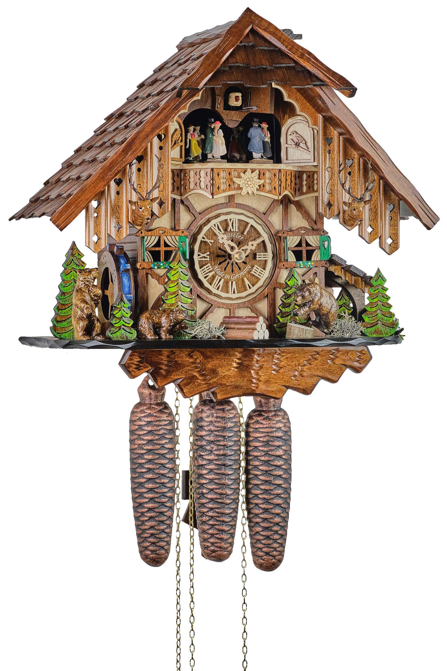 Engstler -Kuckucksuhr Schwarzwaldhaus Bären 8-Tage Laufwerk Musik 36cm- 48713/8 MT