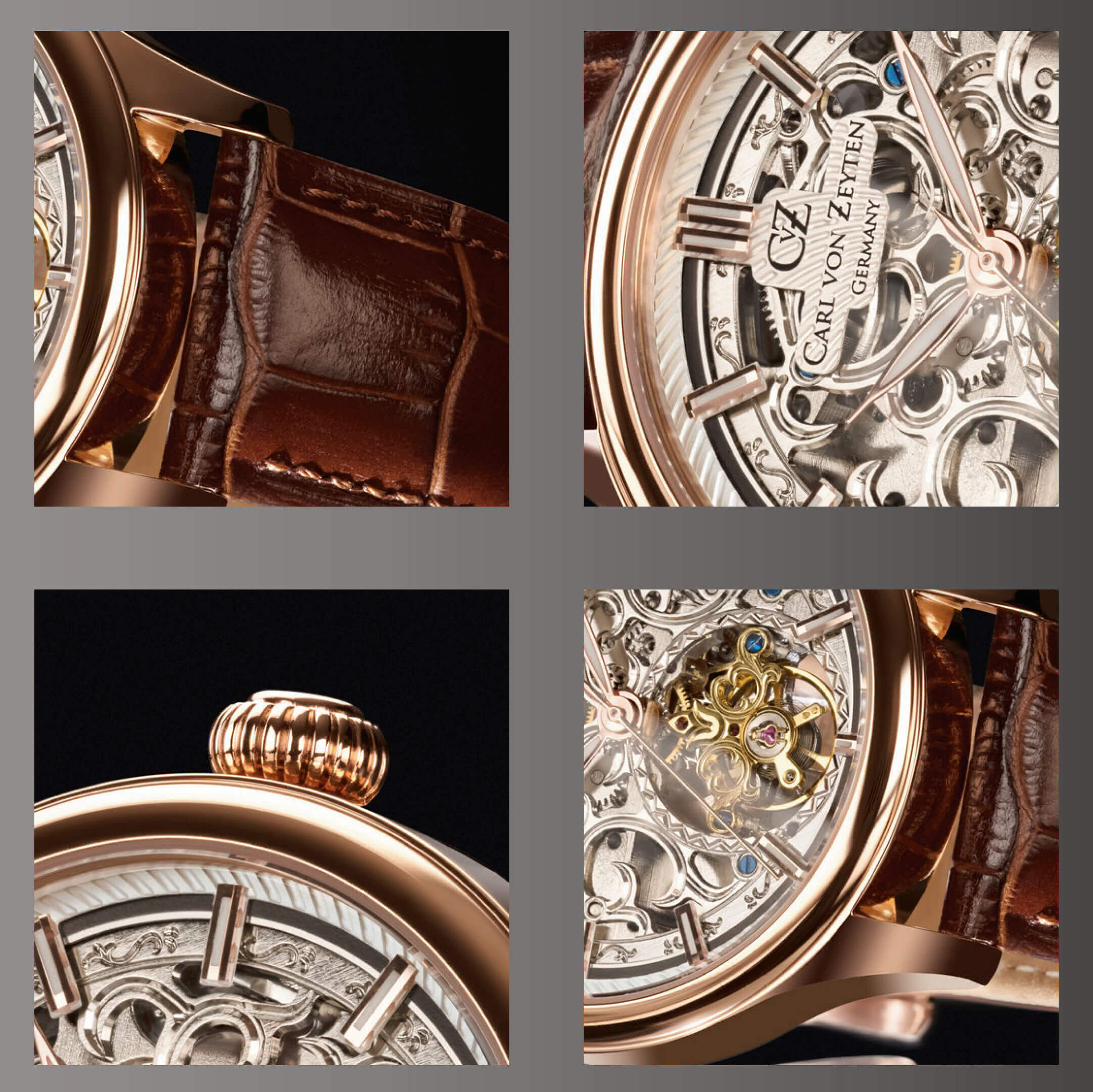 Carl von Zeyten -St.Georgen Herrenuhr Silber Braun Automatik Skelettzifferblatt 46mm- CVZ0014RSLS