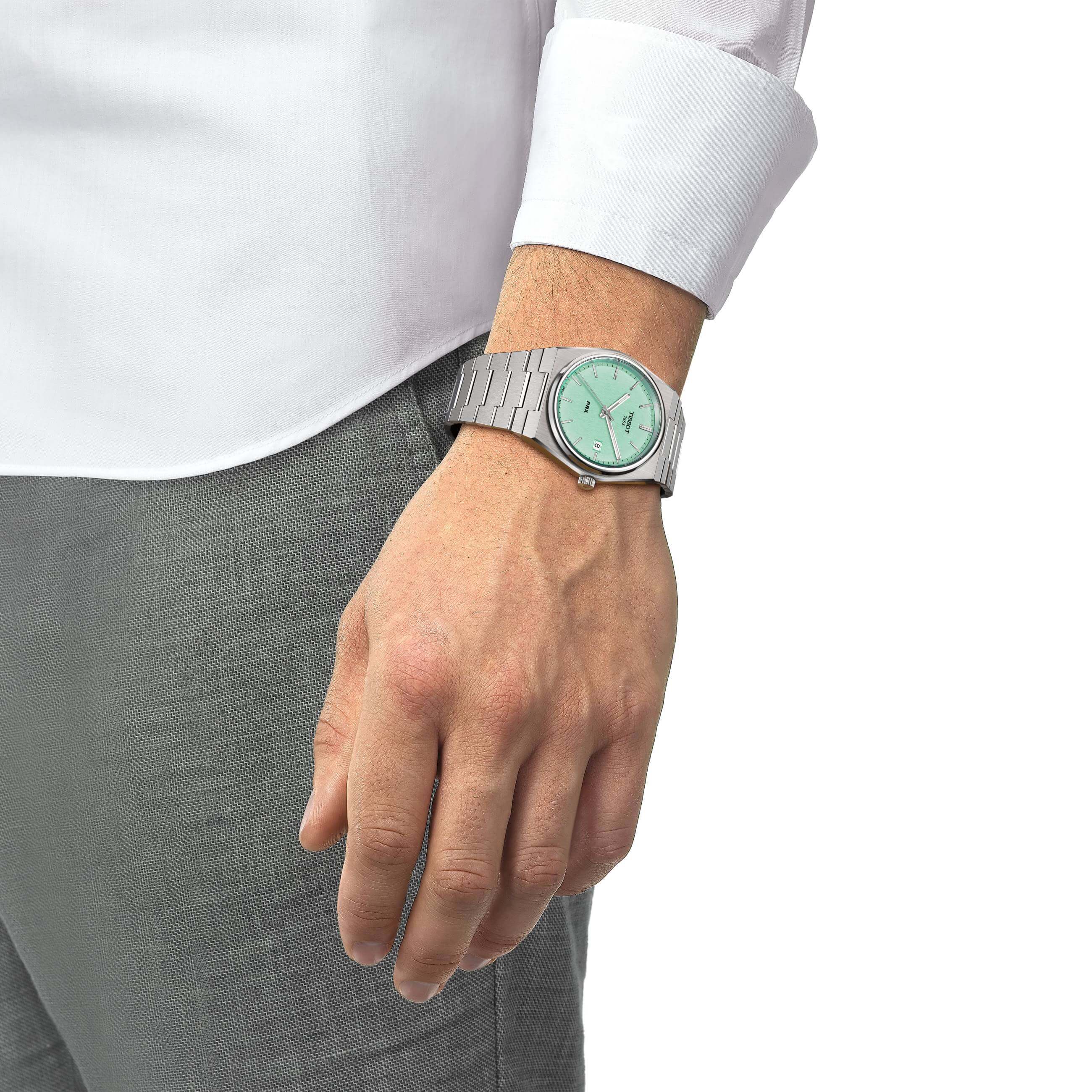 TISSOT -PRX men's watch silver light green quartz date 40mm- T137.410.11.091.01