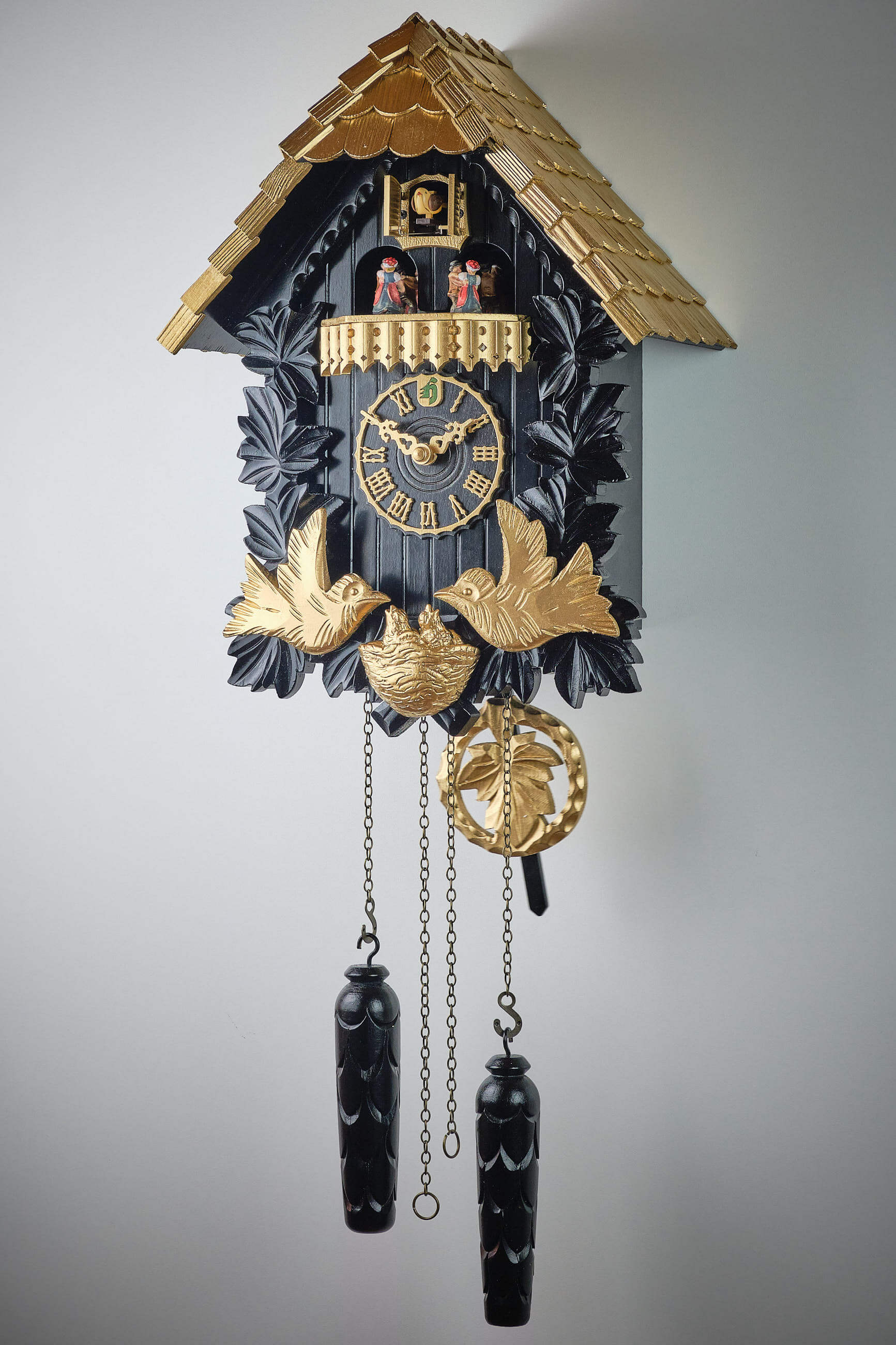 Hönes -Kuckucksuhr Quarz Laufwerk Vogelnest Musik Schwarz Gold 38cm- 6442-4TQ SG