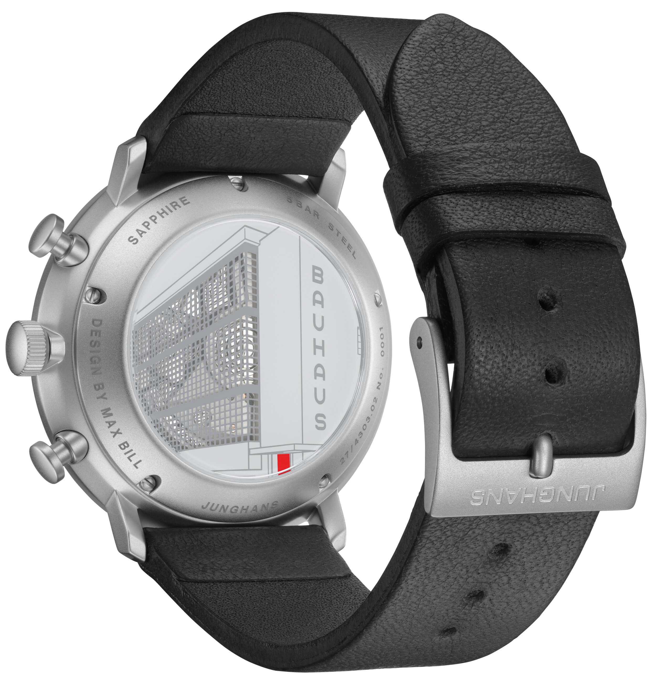 Junghans -max bill Chronoscope Bauhaus Black White Men's Watch Automatic Sapphire Crystal 40mm- 027/4303.02