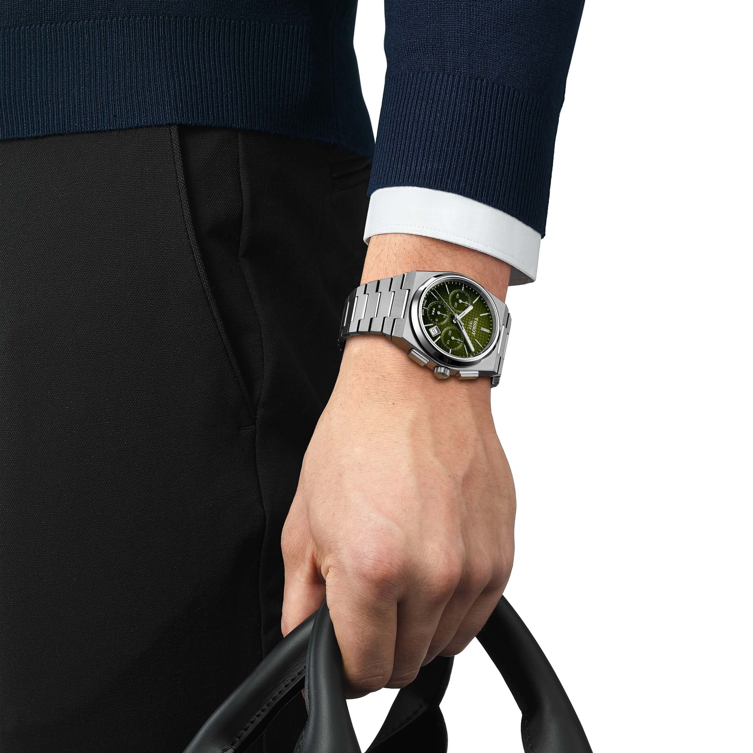 TISSOT -PRX Automatic Chronograph Herrenuhr Silber Grün Automatik Saphirglas 42mm- T137.427.11.091.00