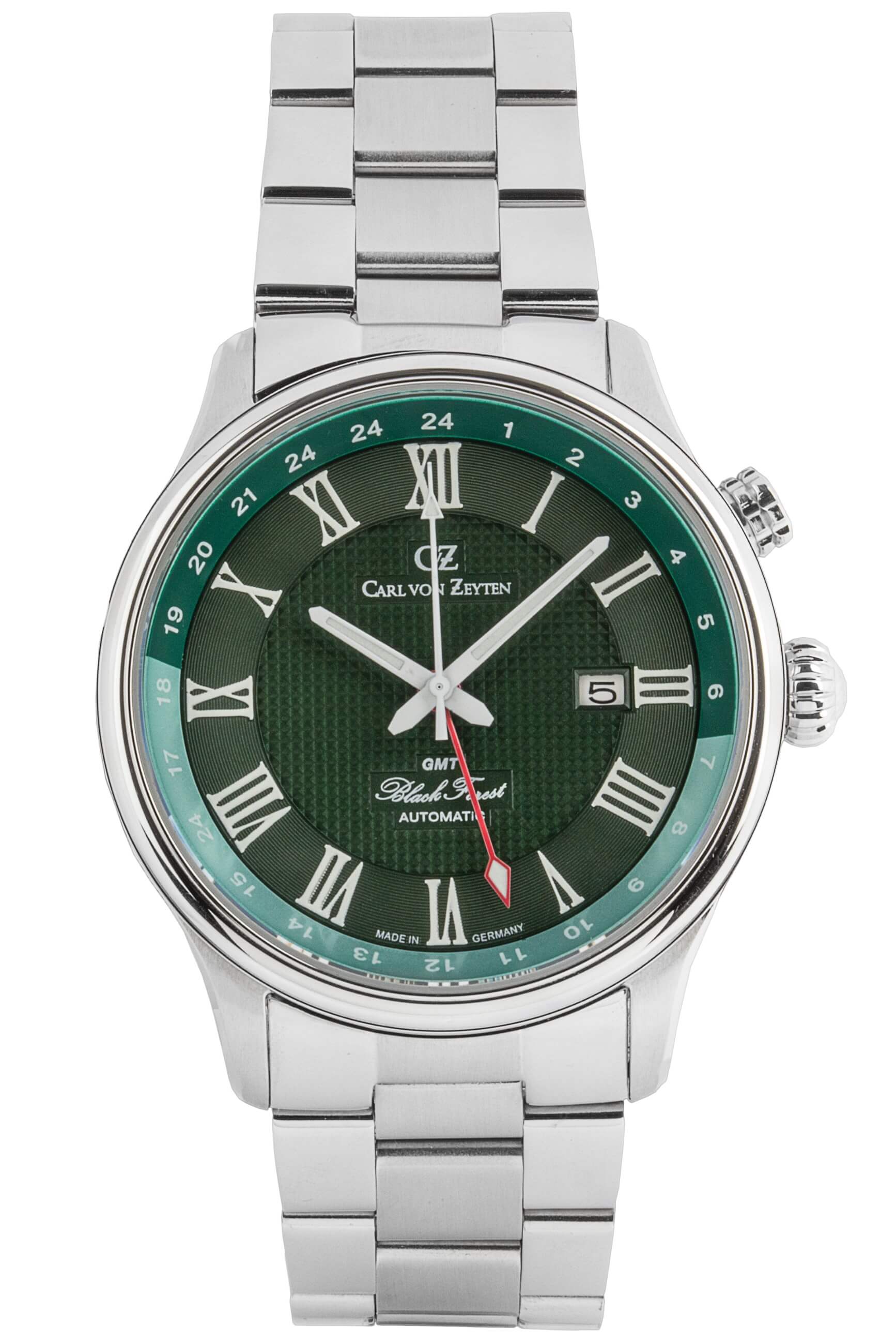 Carl von Zeyten -Rench Herrenuhr Silber Grün Zweite Zeitzone Saphirglas Metallband Automatik 46mm- CVZ0087GRMS