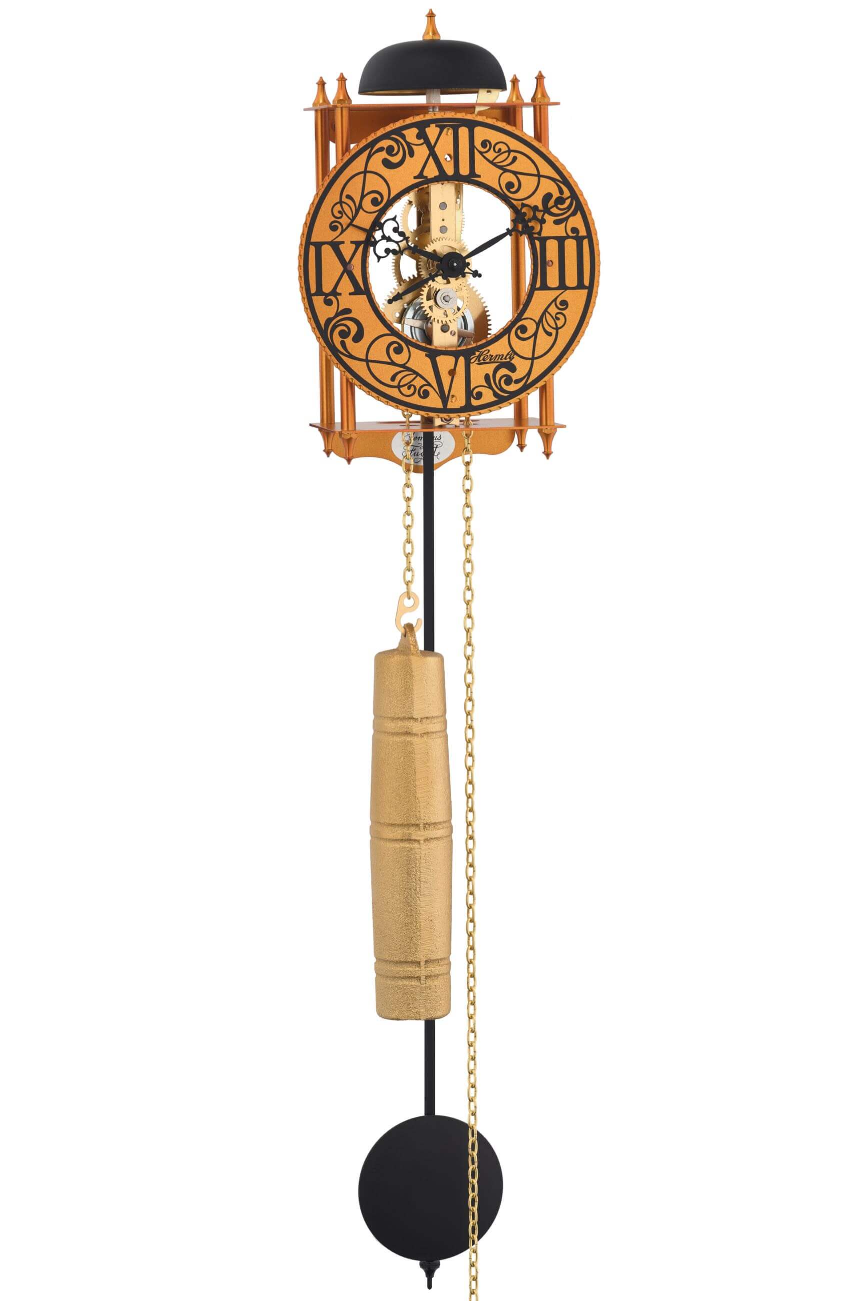 Hermle -Skeleton Pendulum Wall Clock Orange 8-Day Movement Chime 62cm- 71015-T10711