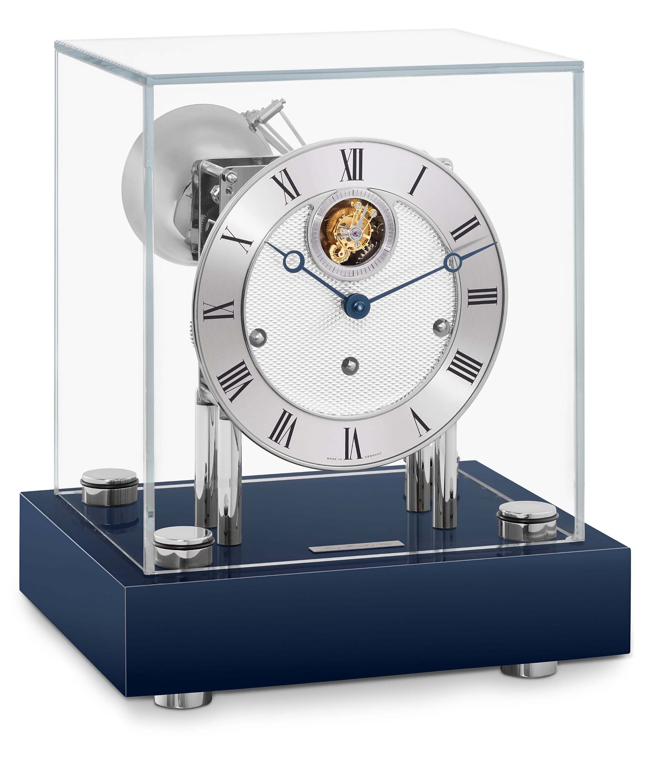 Hermle -Tischuhr Houston Chrom Blau Tourbillon Westminster Mechanisch 30cm- 22860-V30352
