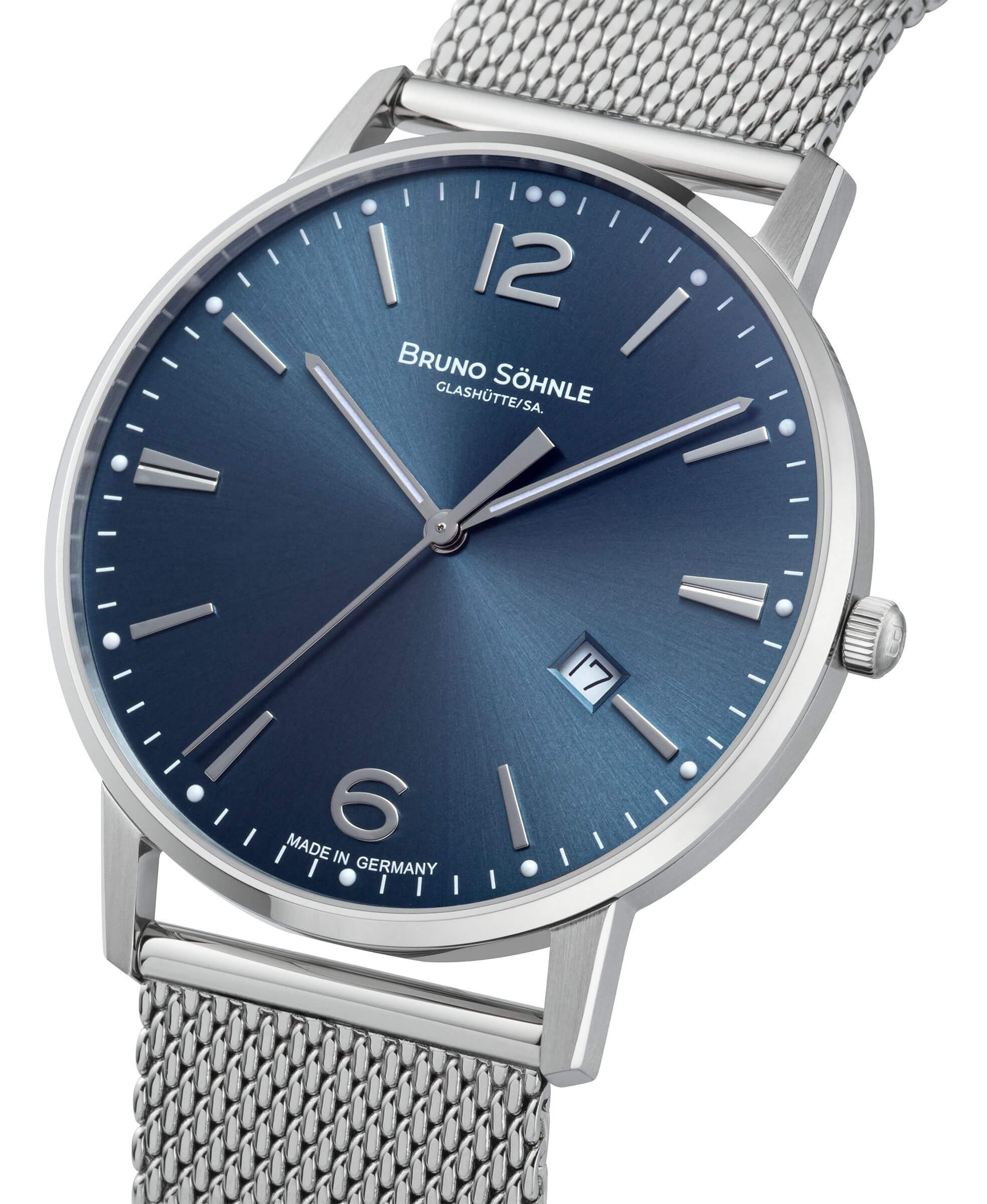 Bruno Söhnle -Stuttgart III Big Herrenuhr Silber Blau Quarz Saphirglas 42mm- 17-13175-342