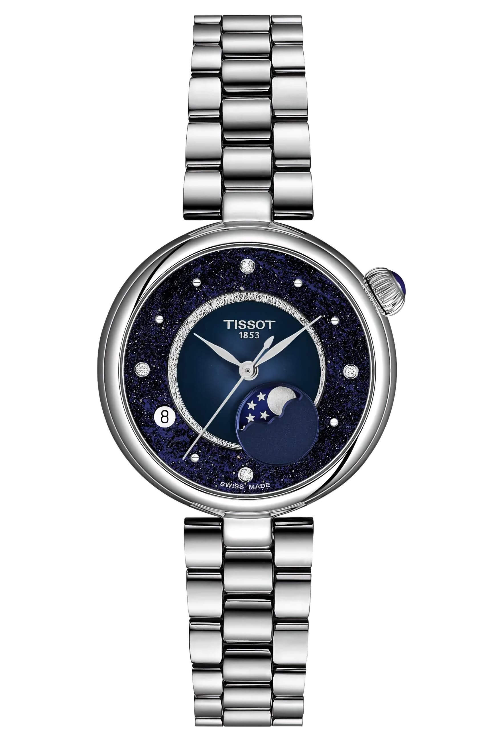 TISSOT -Desir Damenuhr Silber Blau Datum Mondphase Saphirglas Quartz 30mm- T152.223.11.496.00