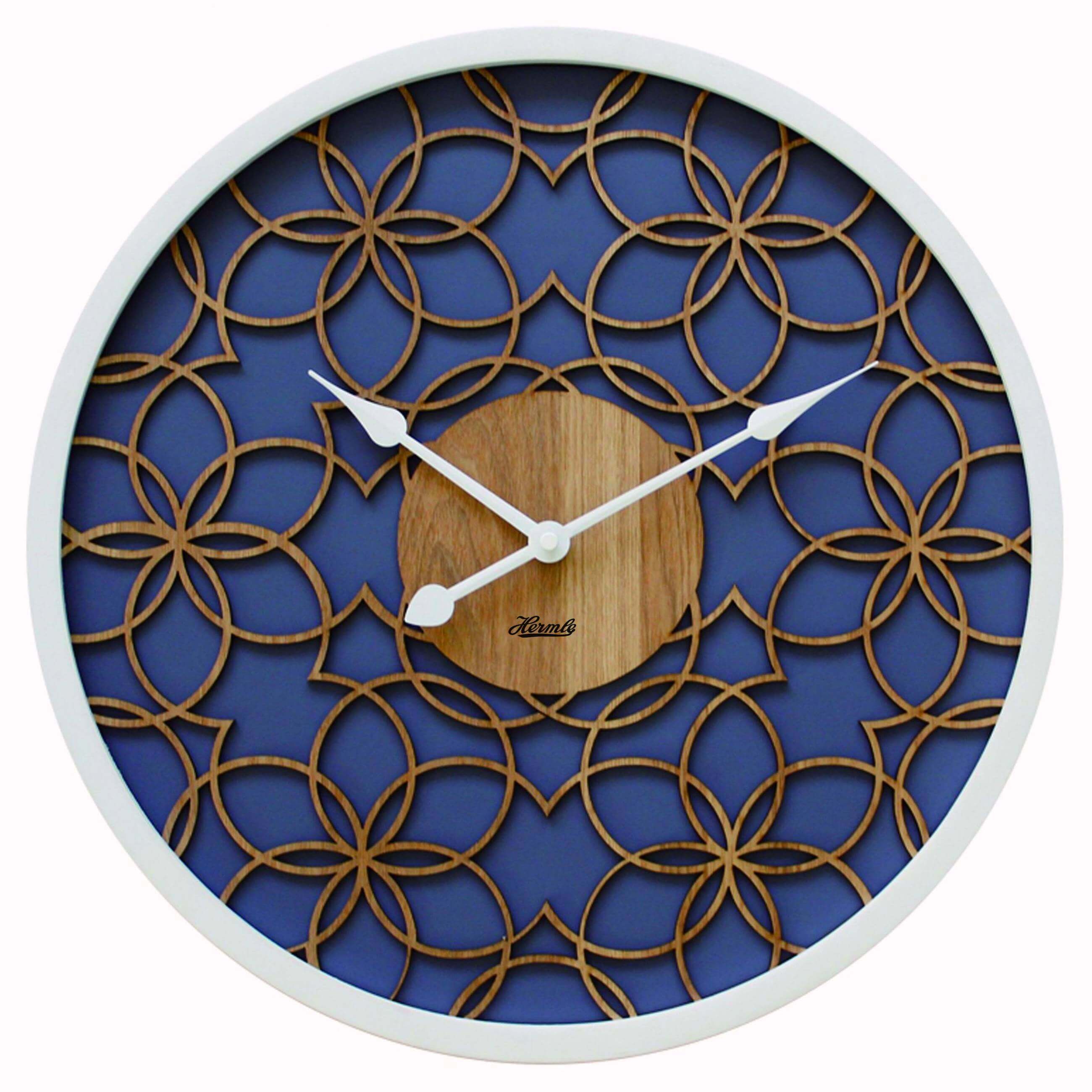 Hermle -Wall clock blue 3D flower pattern made of wood quartz 40cm- 30103-002100