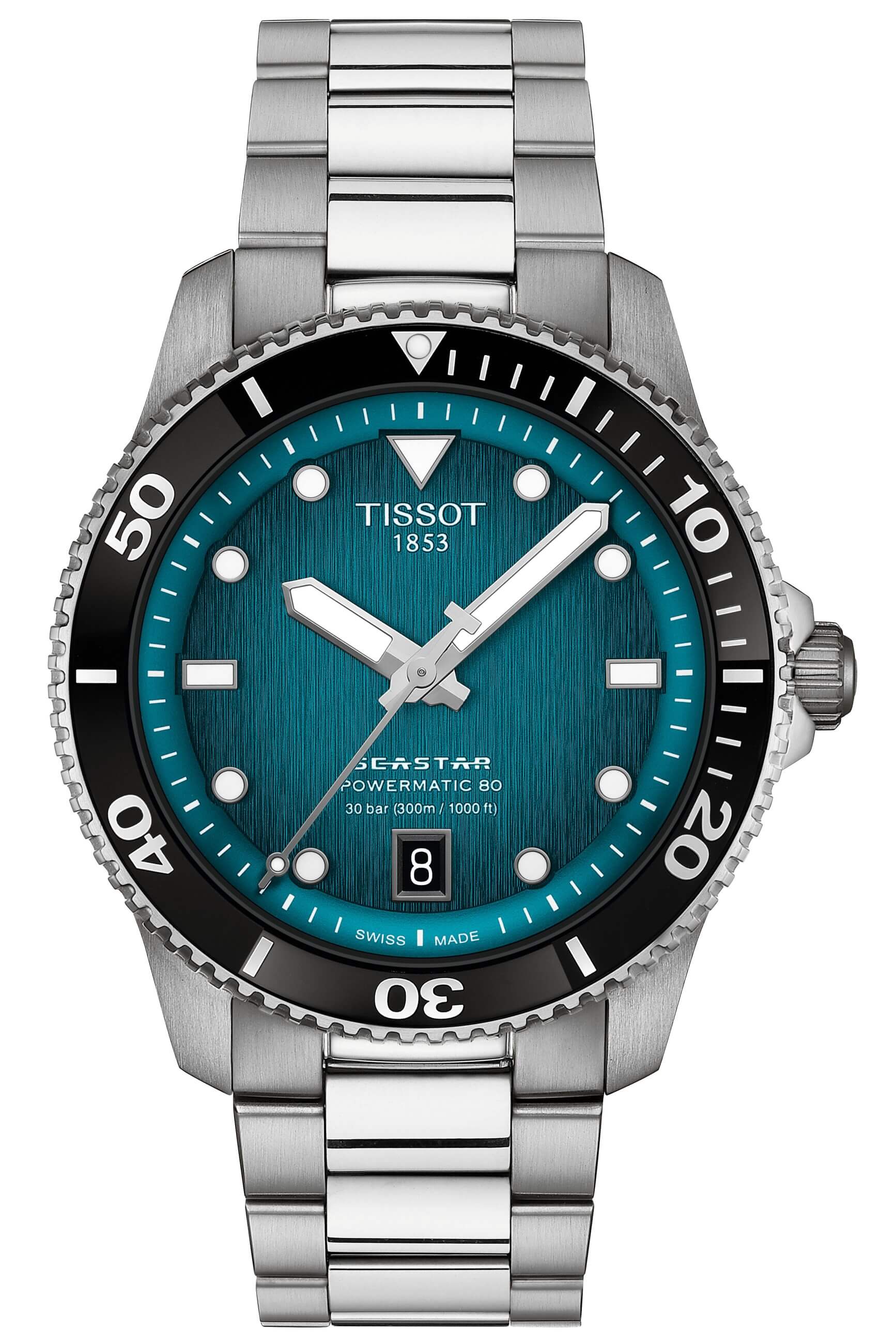 TISSOT -Seastar 1000 Powermatic 80 men's watch silver turquoise automatic sapphire crystal 40mm- T120.807.11.091.00