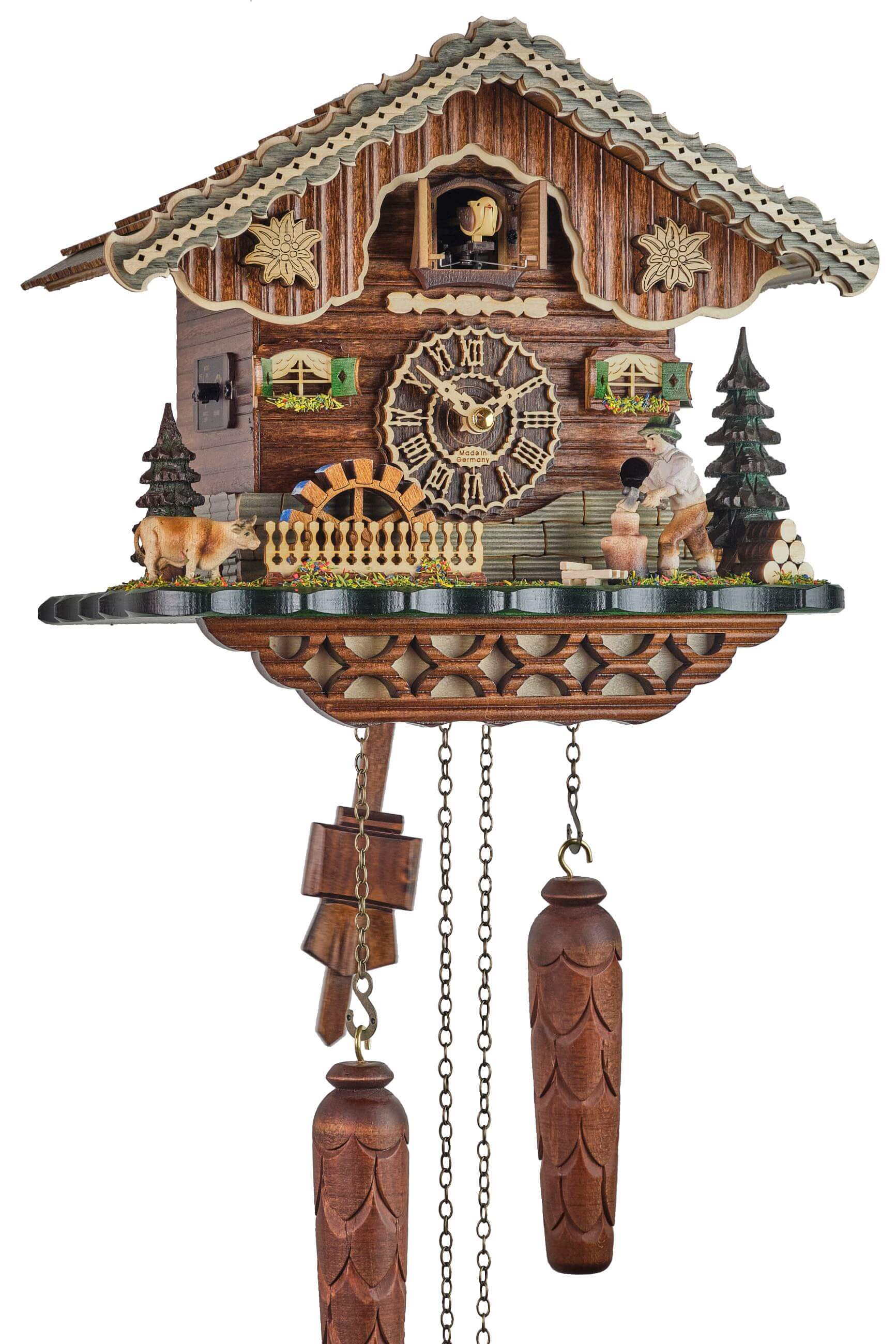 Trenkle -Cuckoo Clock Quartz Movement Black Forest House Wood Chopper with illumination 25cm- 7203 QM HZZG