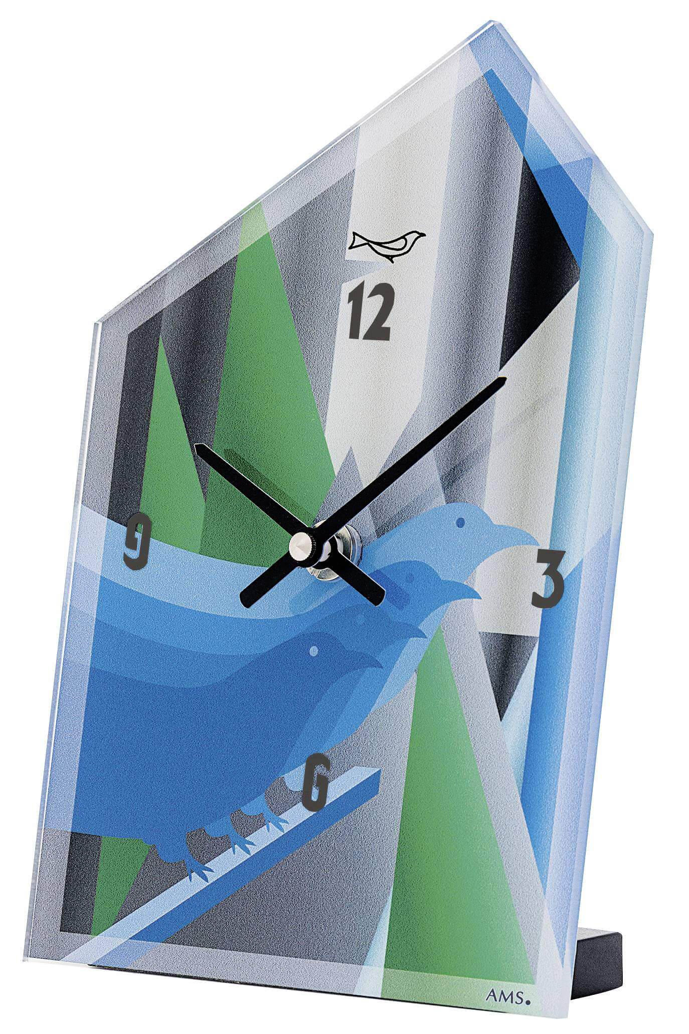 AMS -table clock acrylic glass bird blue quartz 20cm- 1253