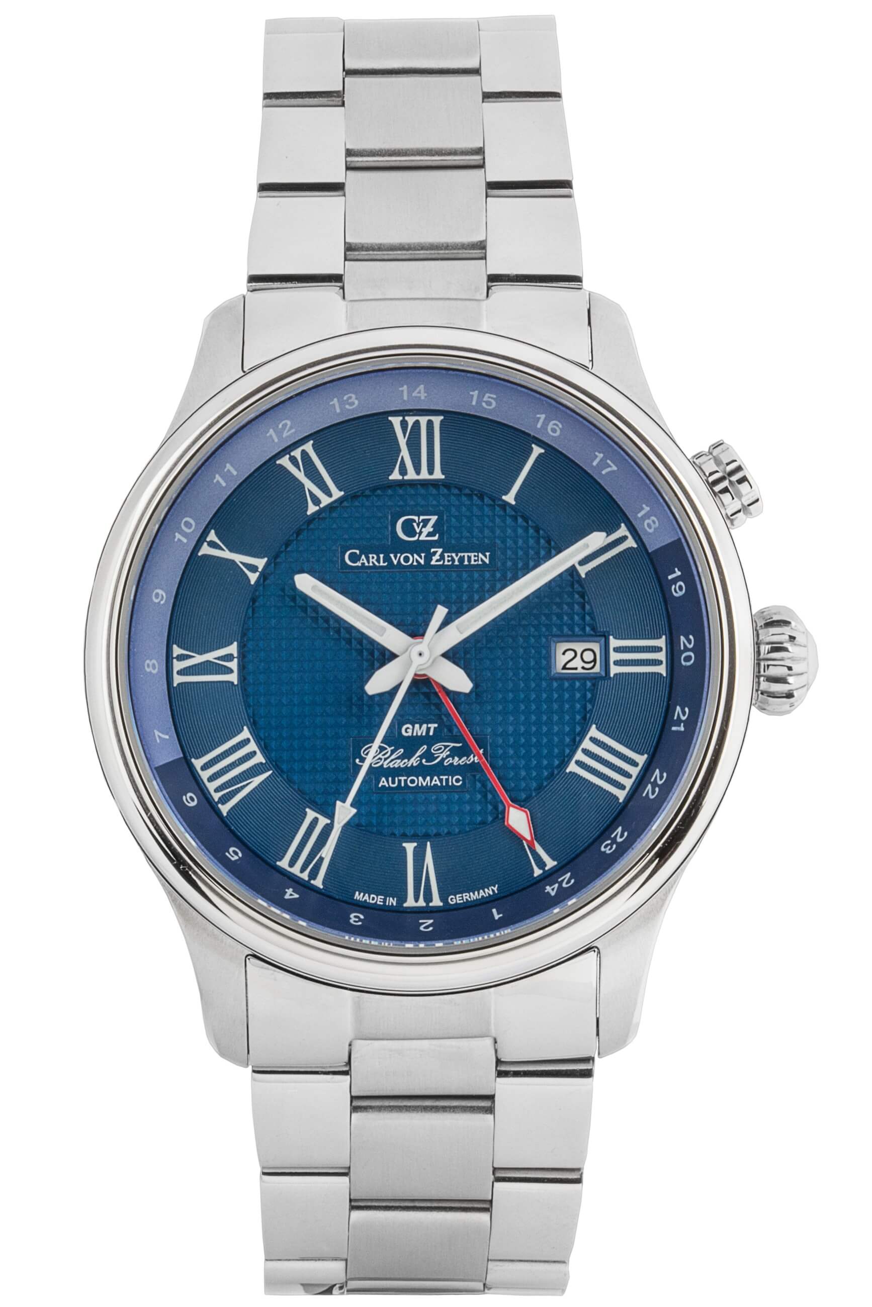 Carl von Zeyten -Rench Herrenuhr Silber Blau Zweite Zeitzone Saphirglas Metallband Automatik 46mm- CVZ0087BLMS