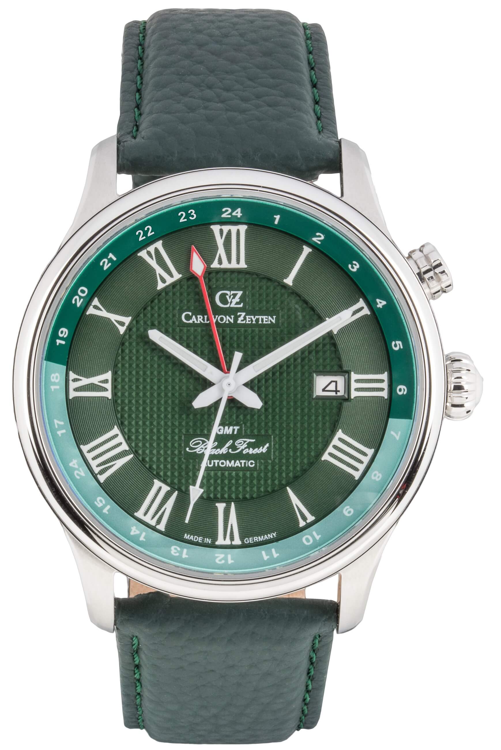Carl von Zeyten -Rench Herrenuhr Grün Silber Zweite Zeitzone Saphirglas Lederband Automatik 46mm- CVZ0087GRS