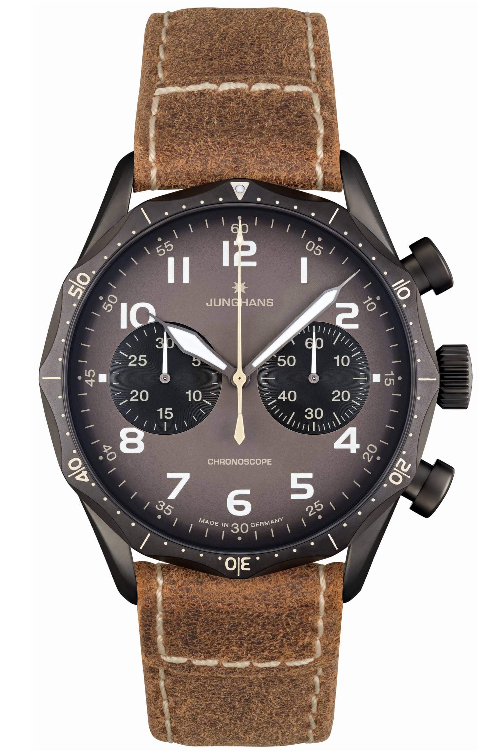 Junghans -Meister Pilot Chronoscope Men's Watch Brown Grey Automatic Sapphire Crystal 43mm- 027/3794.00