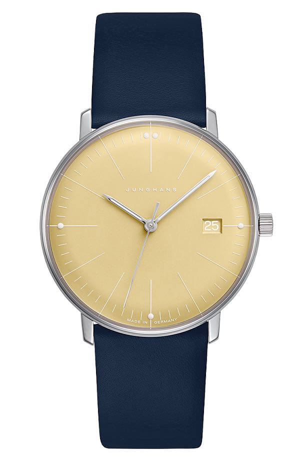 Junghans -max bill ladies' watch dark blue yellow quartz sapphire crystal 33mm- 047/4553.02