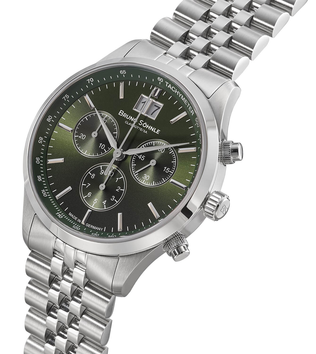 Bruno Söhnle -Turin Chronograph Men's Watch Silver Green Date Quartz Sapphire Crystal 40mm- 17-13229-442