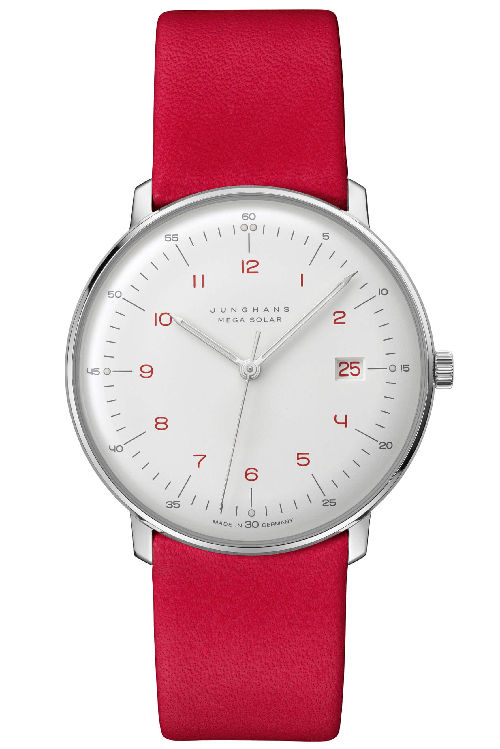 Junghans -max bill MEGA Solar Herrenuhr Rot Weiß Quarz Funk-Solarwerk Saphirglas 38mm- 059/4325.02