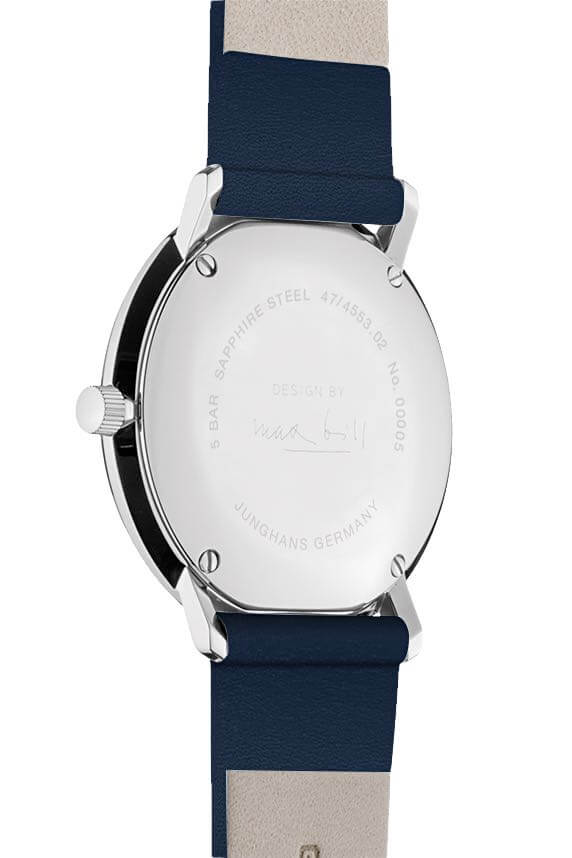 Junghans -max bill ladies' watch dark blue yellow quartz sapphire crystal 33mm- 047/4553.02