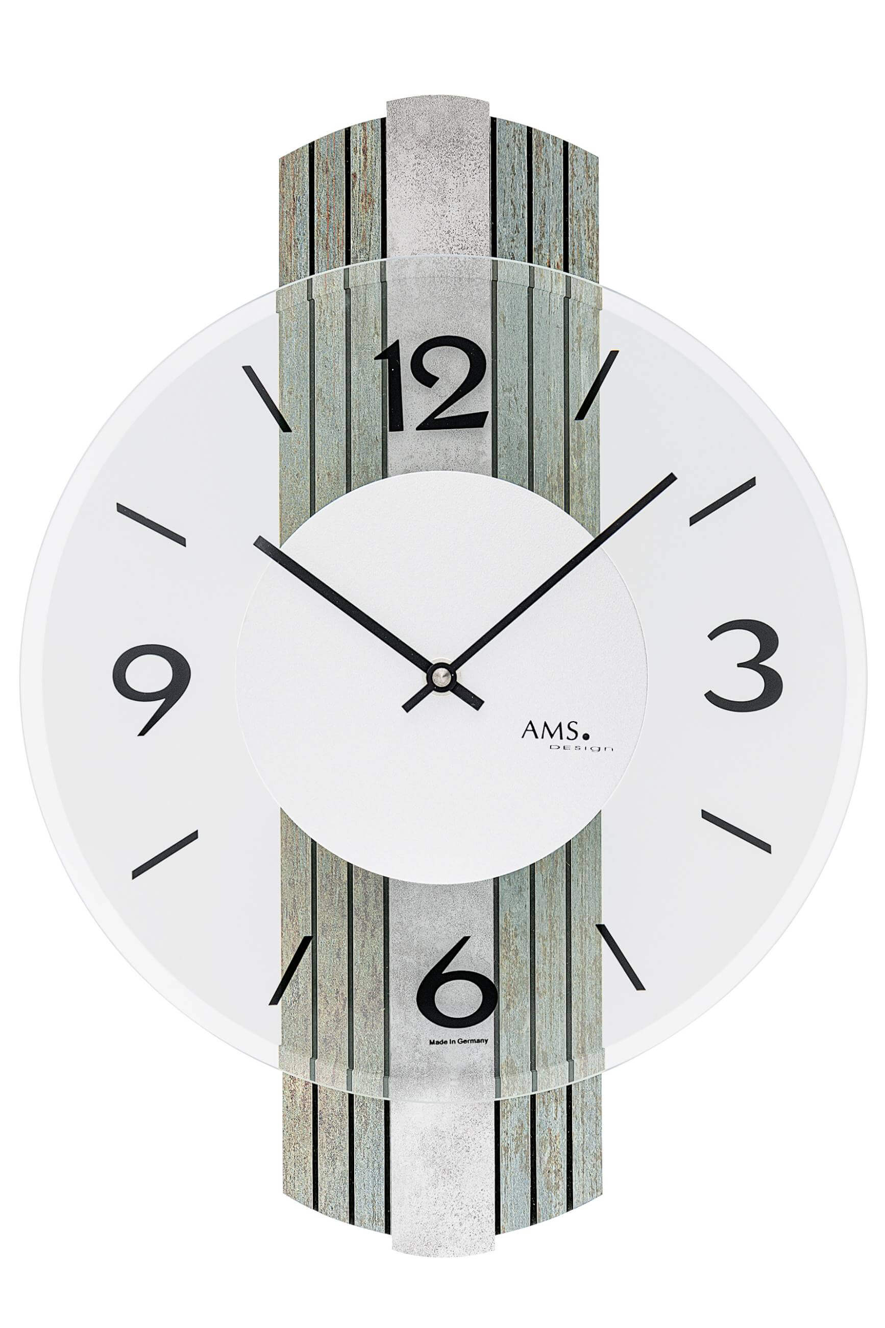 AMS -Wall clock wood structure silver antique quartz 38cm- 9677