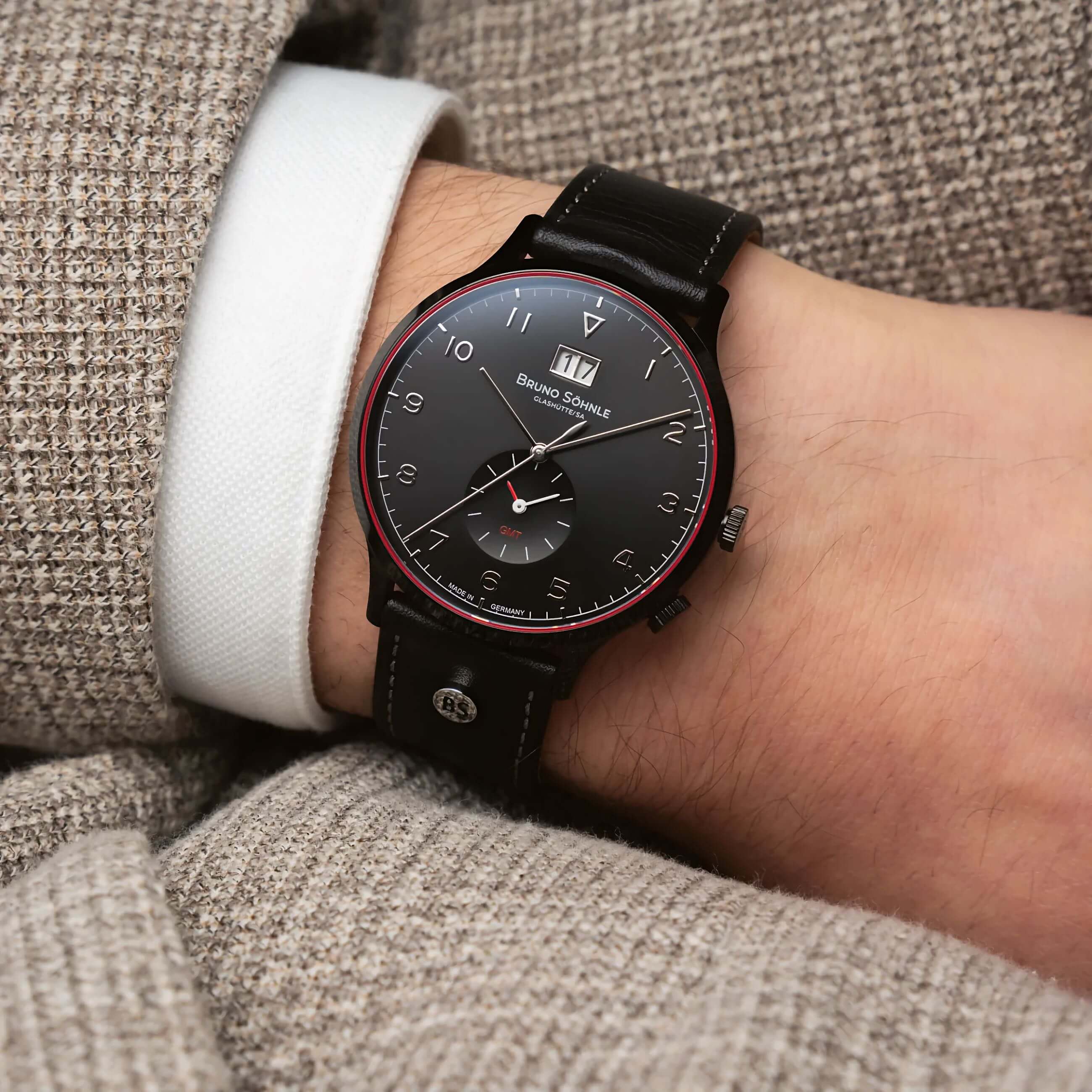Bruno Söhnle -Brunello GMT Herrenuhr Schwarz Datum Saphirglas Quarz 41mm- 17-73239-721